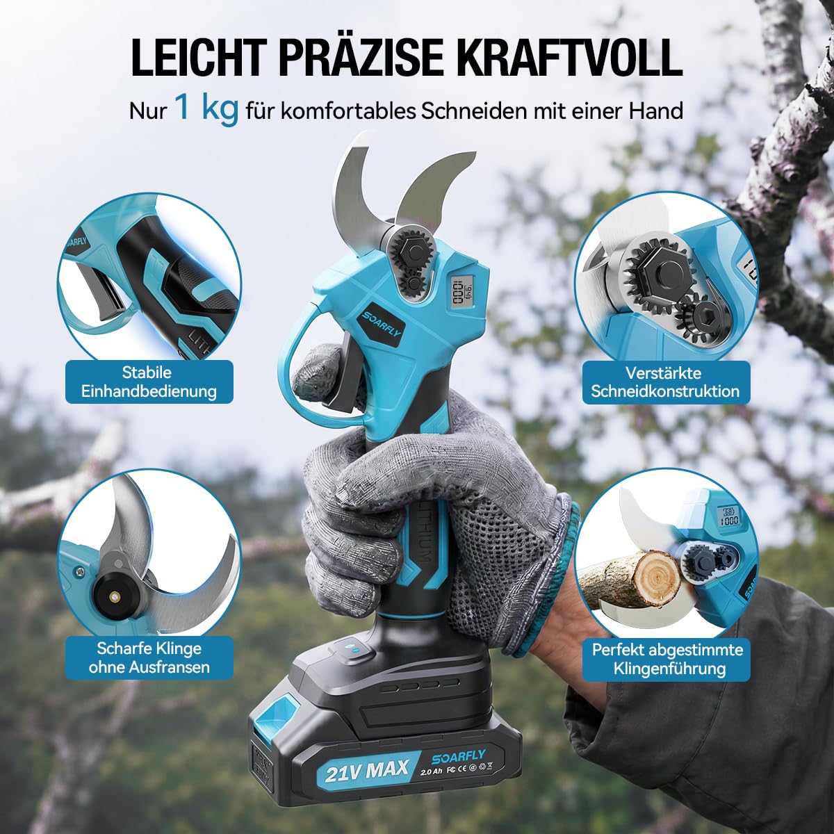 SOARFLY Akku Astschere, Akku Gartenschere mit 2x2000mAh Batterien, 35mm Maximaler Schnittdurchmesser, Brushless Motor mit LCD Display und Energiesparfunktion für Garten und Obstbäume (Blau)