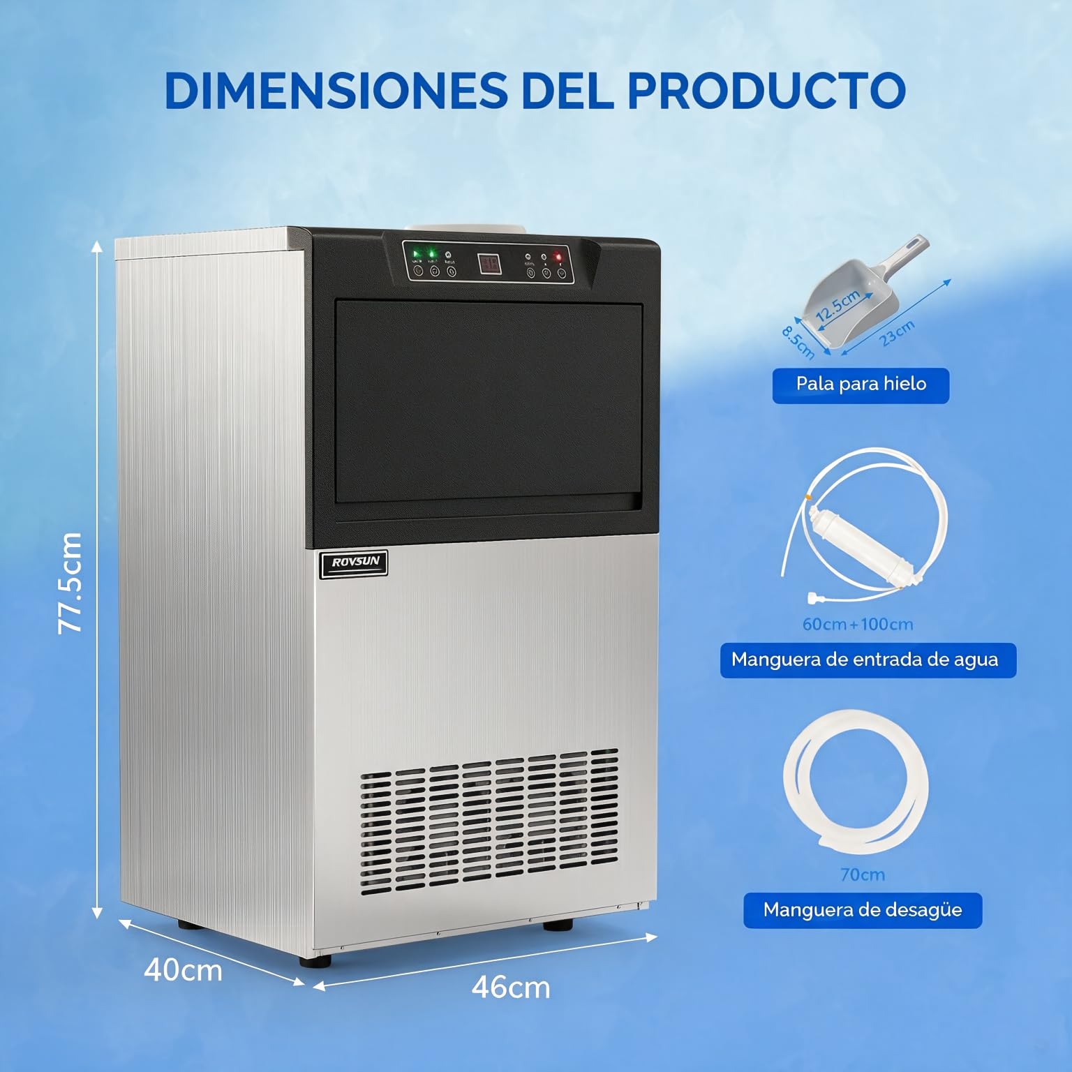 ROVSUN Máquina para Hacer Hielo 50KG/24H, Cubitos 5x10, Cuerpo Acero Inoxidable, Uso Comercial, para Restaurante, Hotel, Bar y Eventos