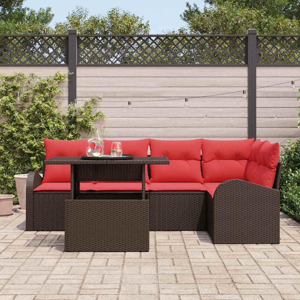 Set di divani da giardino, 6 pezzi, 5 posti, in polyrattan | Salotto modulare con vano portaoggetti integrato e cuscini rossi per giardino e terrazza.