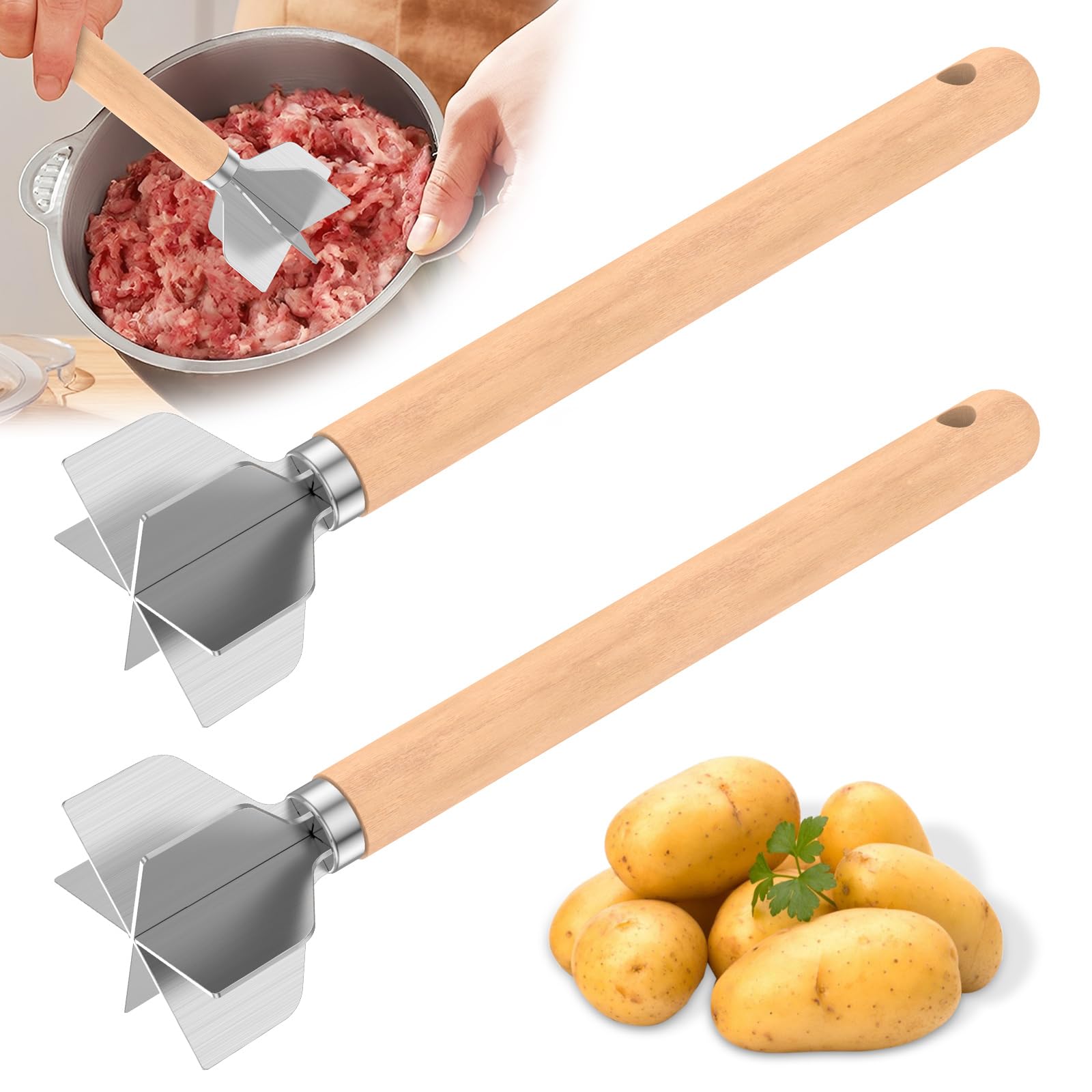 Stainless Steel Meat Masher,28cm Meat Chopper,Metal Mince Masher with Wooden Handle,6 Blade Ground Beef Crusher & Stirring Tool,Non-Stick Chopper Tool for Hamburger Meats, Beef(2 Pack)