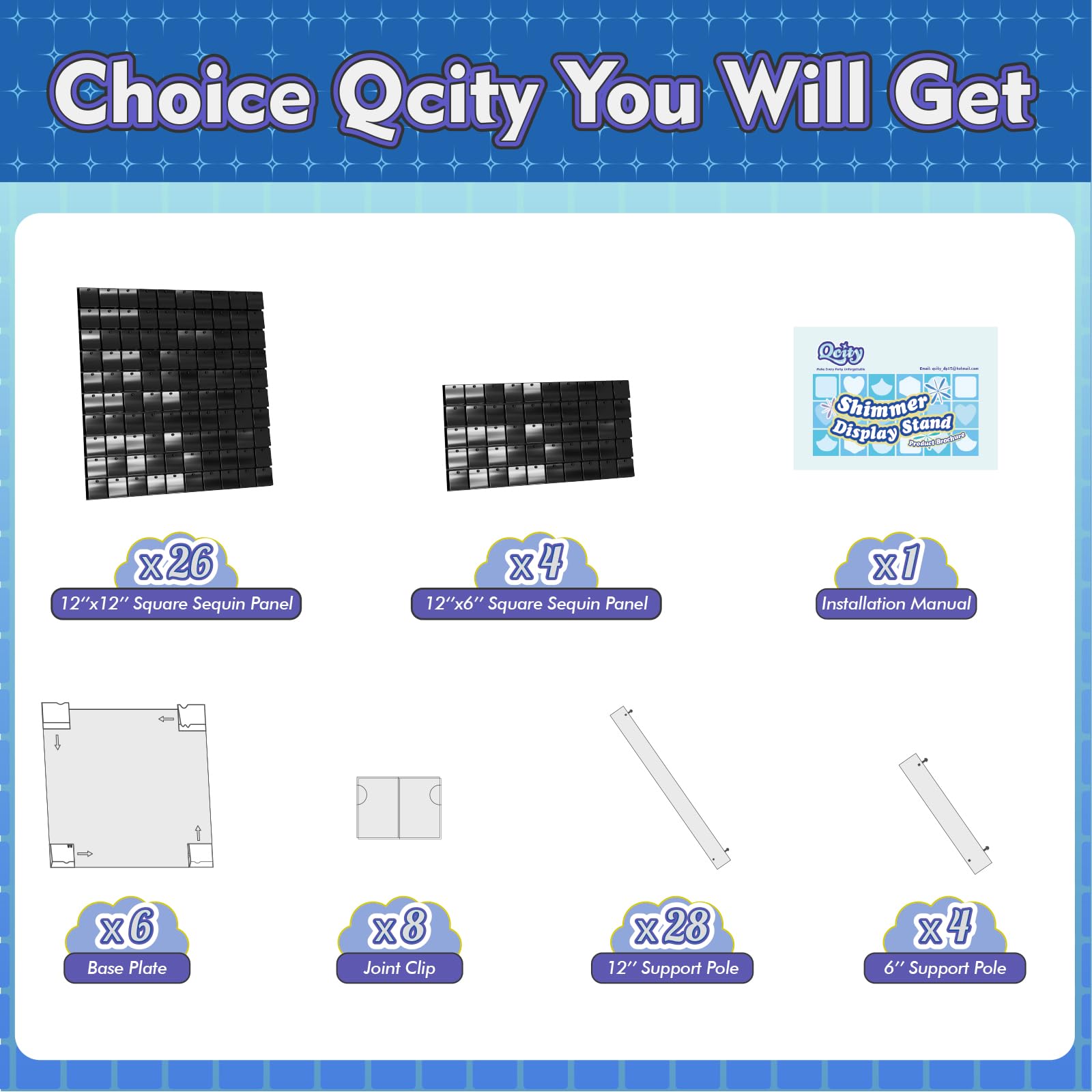 Qcity Black Shimmer Panels Pedestal Stands for Party Set of 3, Square Sequin Shimmer Display Stands, Perfect for Outdoor Events, Birthdays, Wedding and Party Decoration