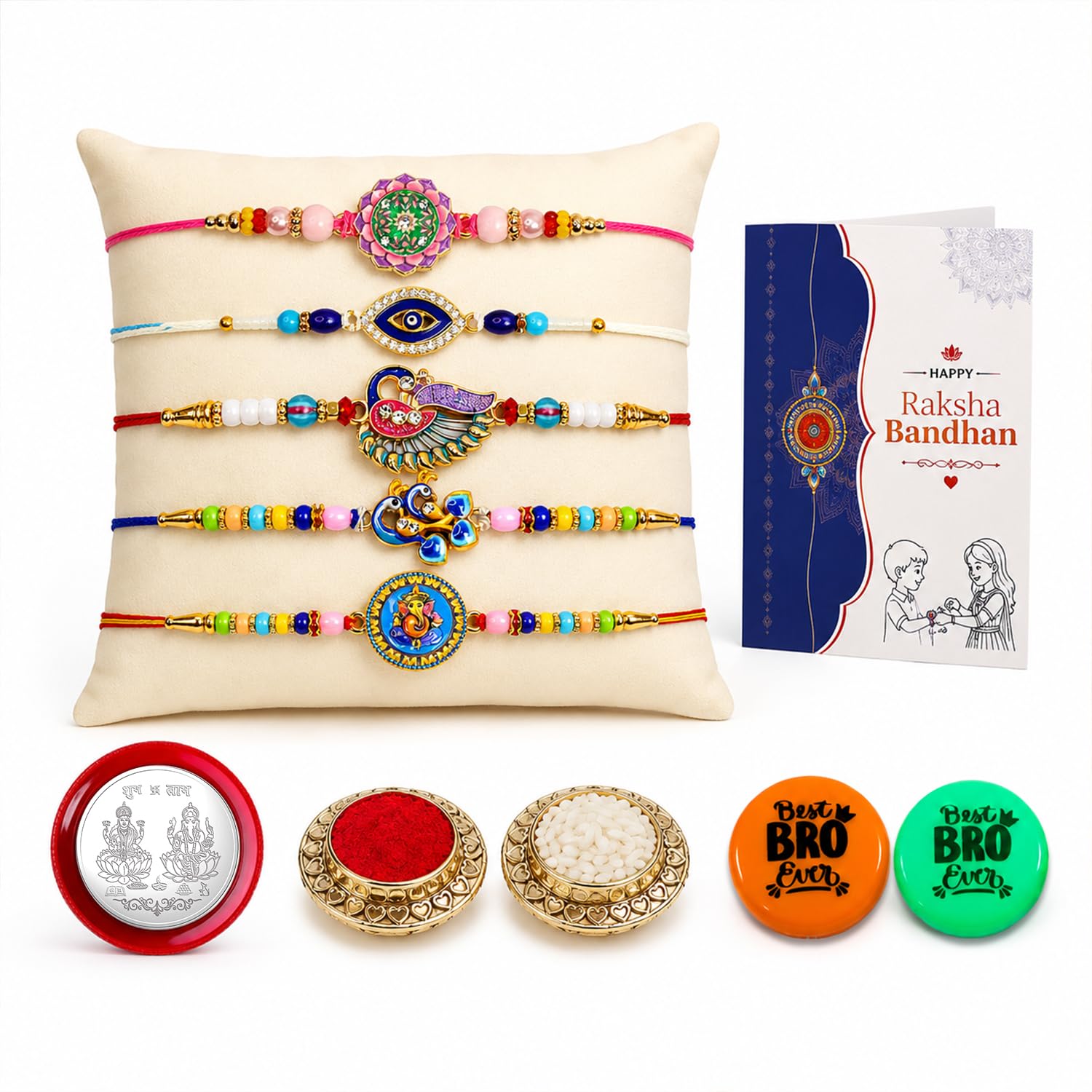 Oblivion Rakhi Set for Brother (Set of 5) – Peacock, Evil Eye & Many Colorful Rakhi Combo with Roli Chawal, Silver Color Coin, Multicolour Magnets & Greeting Card – Raksha Bandhan Gift Hamper for Bhai
