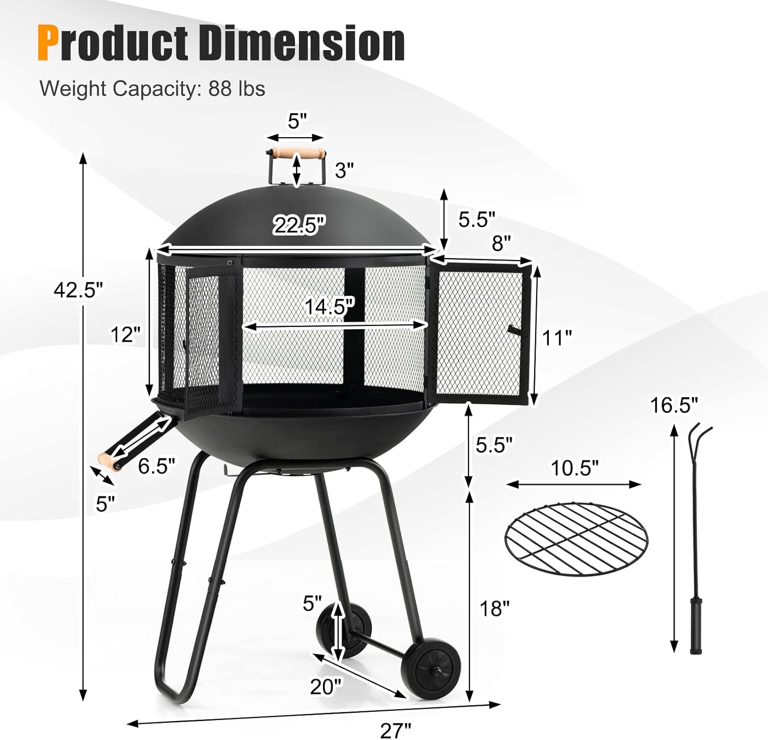 ORALNER Portable Fire Pit on Wheels, 27” Outdoor Wood Burning Firepit Cage w/Spark Screen Cover, Log Grate, Fire Poker, Steel Patio Firepit w/BBQ Grill for Outside Camping, Picnic, Backyard Bonfire