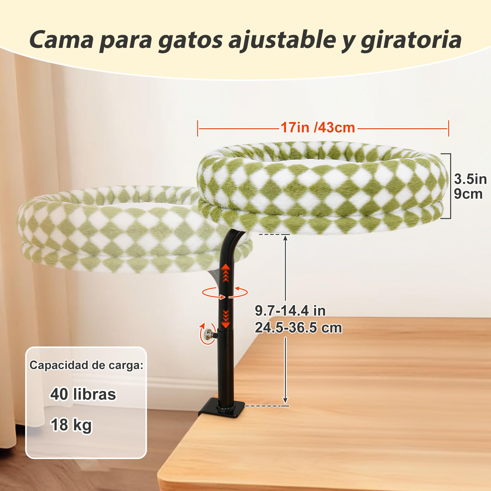 GUUSII HOME Cama Gato de Escritorio Giratorio 360° y Altura Ajustable Camas Hamaca para Gatos hasta 18kg Fácil Montaje Percha Asiento Gatitos Sin Perforaciones Lavable a Máquina Cat Desk Bed（Verde）