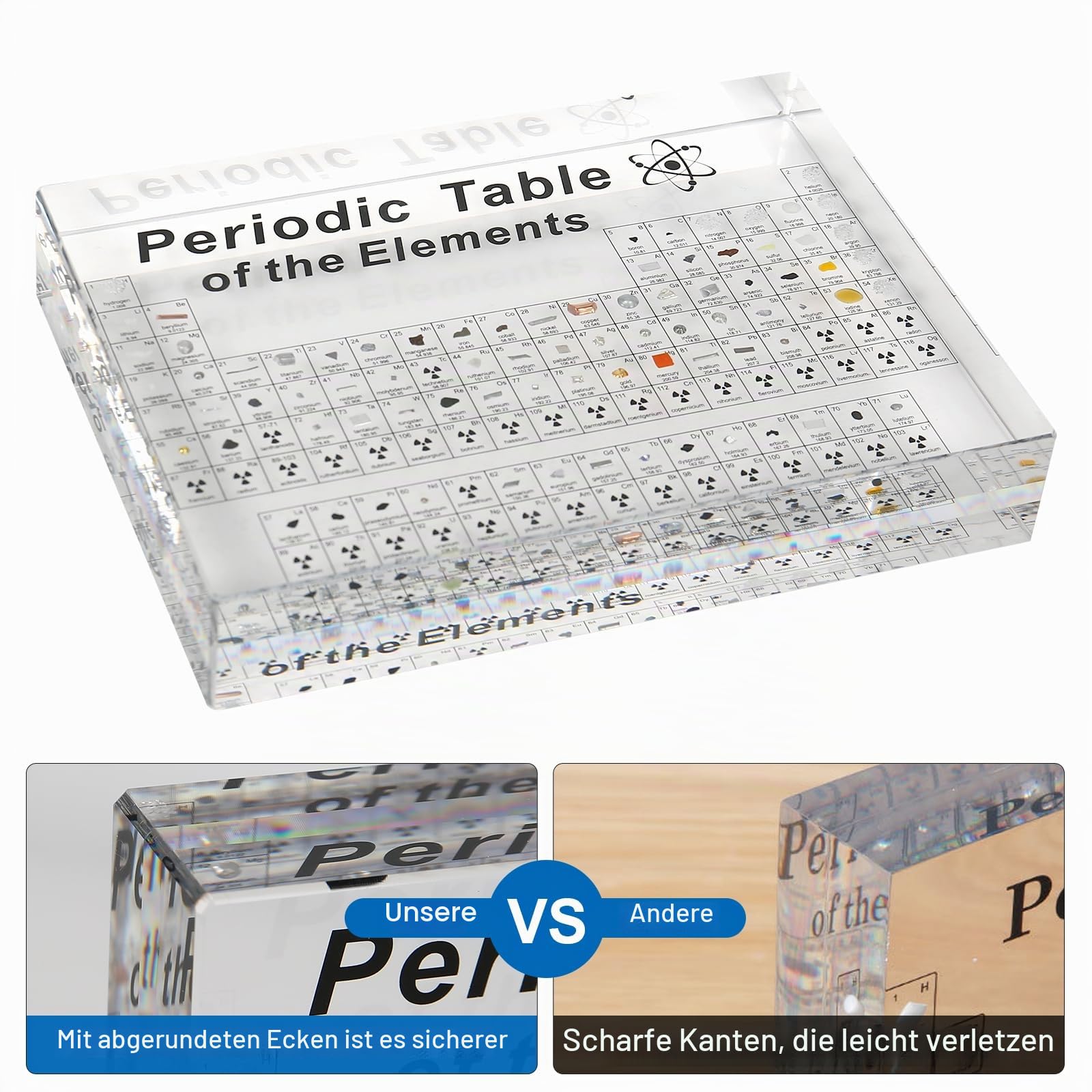 Periodensystem mit Echten Elementen im Inneren, Acryl Periodic Table of 83 Elementen, Proben Periodensystem Display Geschenk für Schüler Lehrer Kinder Studenten Handwerk Dekoration (Größer A)