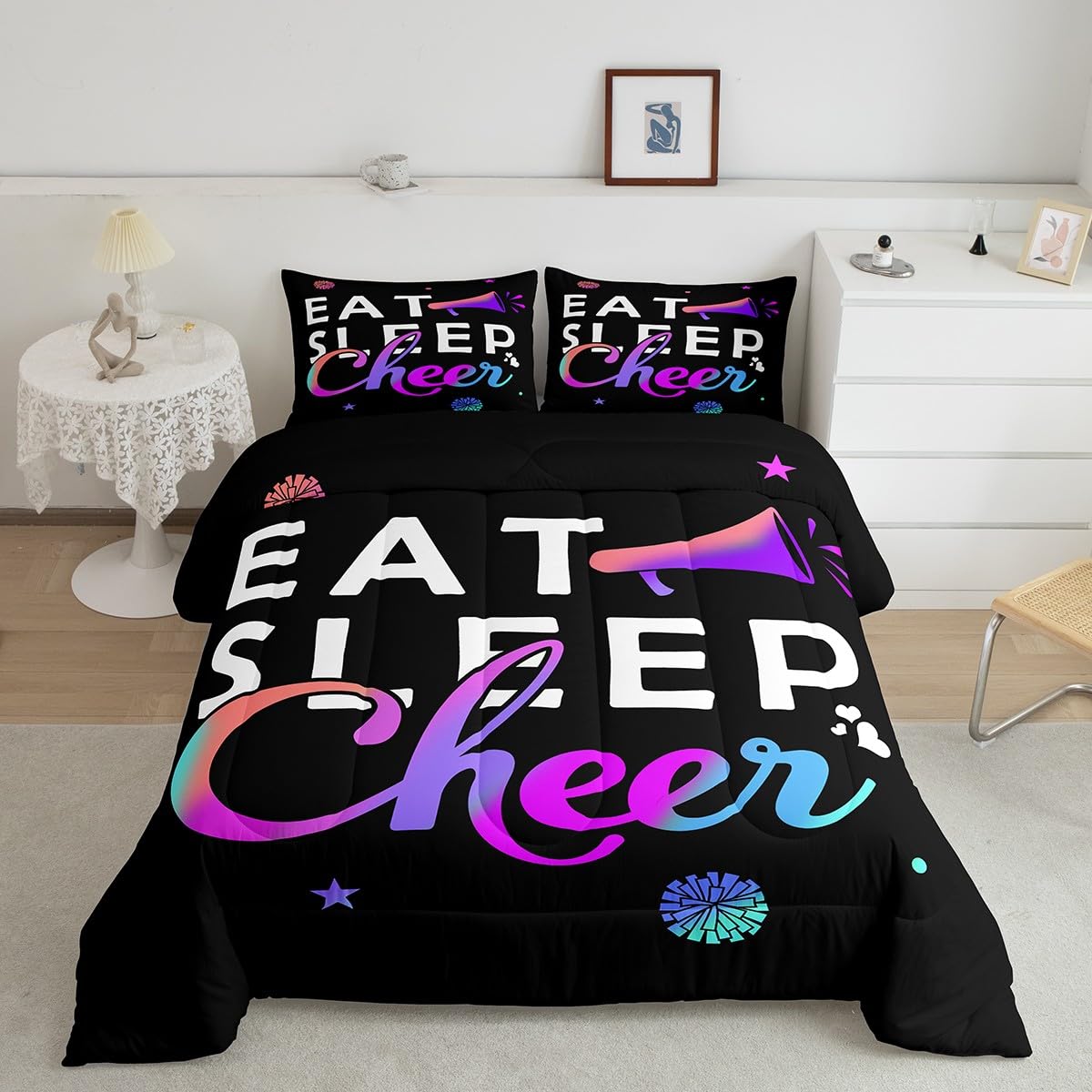 Feelyou Cheerleading Comforter Set Toddler Size for Girls Boys Eat Sleep Cheer Comforter Gymnastics Dancing Lovers Bedding Set Cheer Sports Colorful Duvet Set Quilt 2Pcs