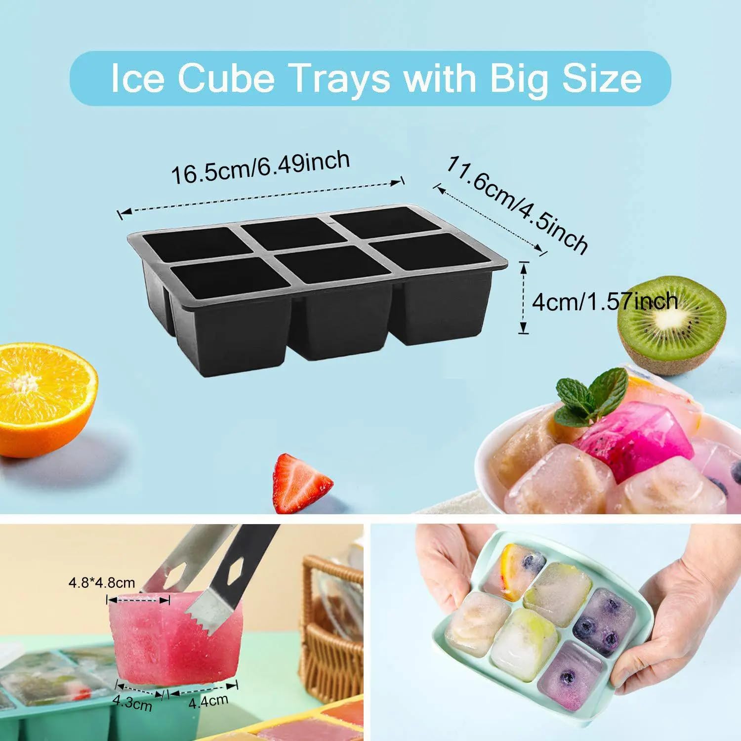 Moule à Glaçons 3 Pièces Silicone Grand Format - 6 Gros Cubes Avec Couvercle - Pour Cocktails, Whisky Et Purée Bébé