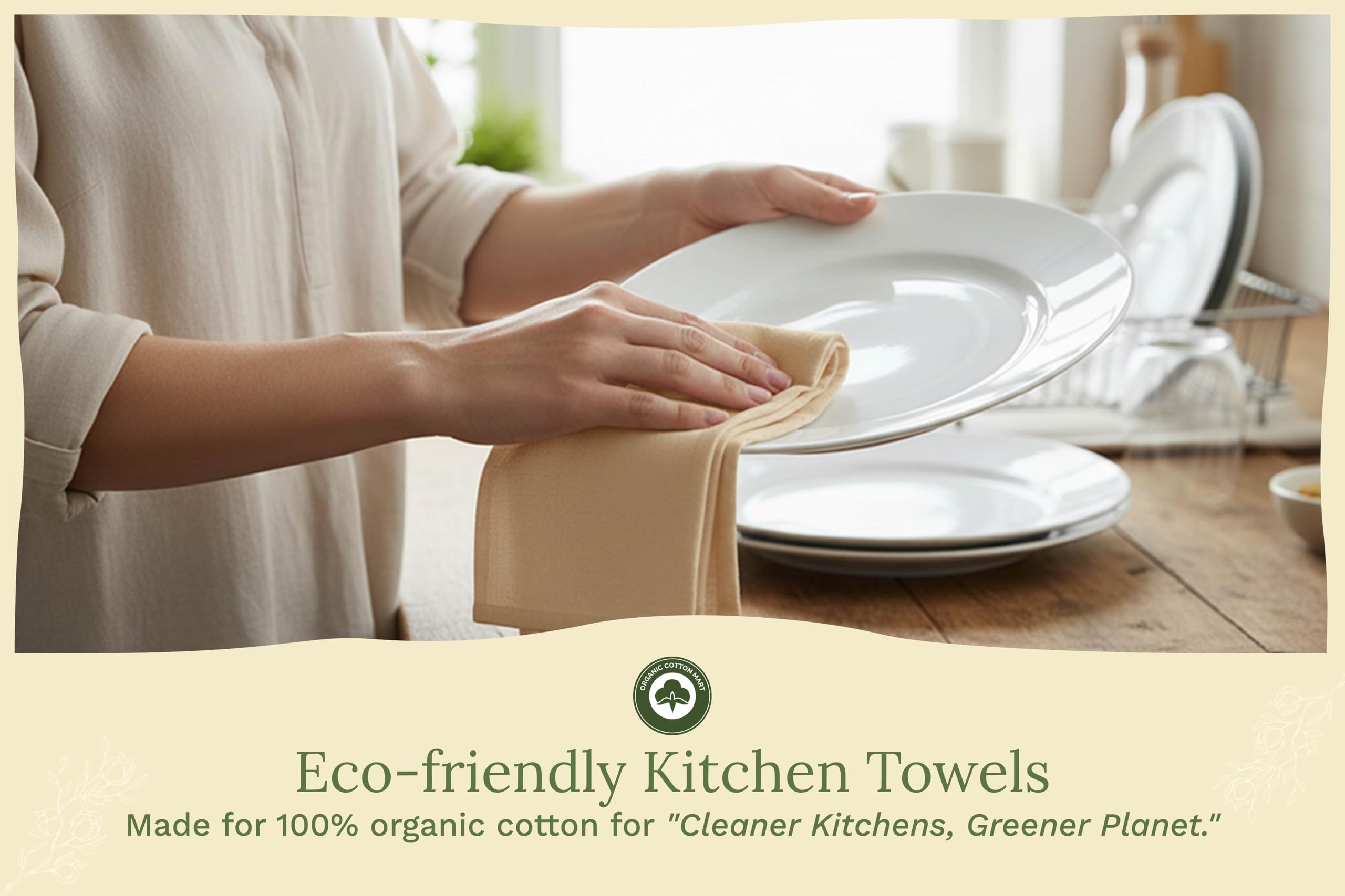 Lot de 10 torchons en Coton Bio Beige très absorbants pour la Cuisson, la Fabrication du Pain et la Cuisine, 68,6 x 68,6 cm, absorbants et Non Pelucheux