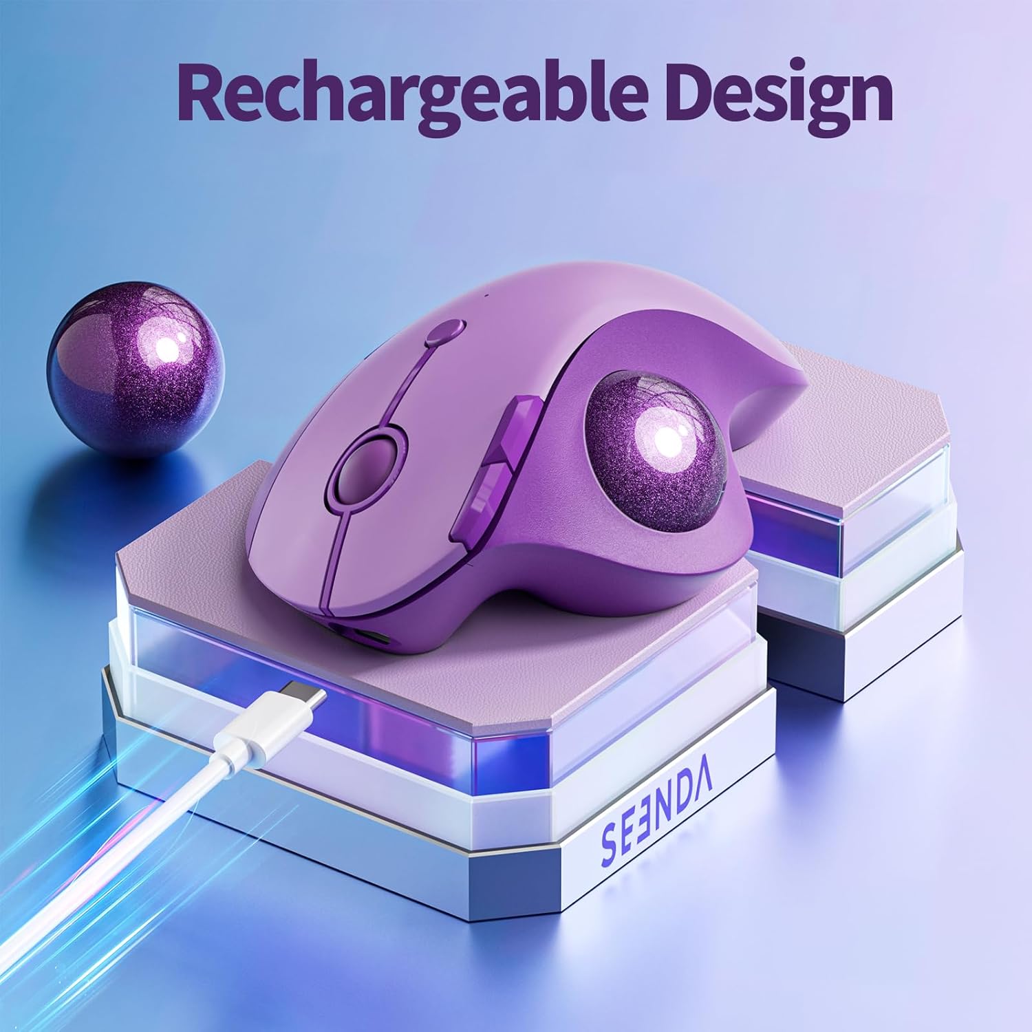 seenda Wireless Trackball Mouse, Bluetooth Rollerball Thumb Control Mice Ergonomic, Rechargeable, Multi Devices Connection Compatible for Mac/Android/Windows Computers - Purple