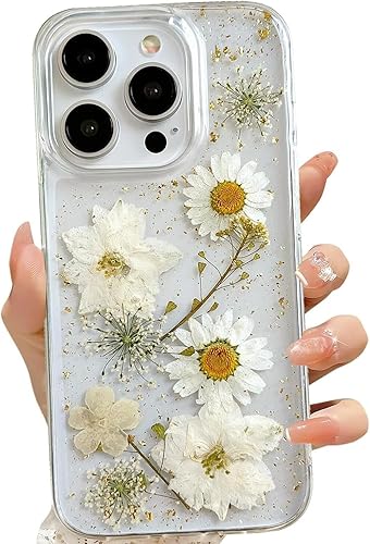 Miniatura 46 de Funda transparente para iPhone 16 Pro Max con diseño de flores reales presionadas, patrón floral rosa brillante y lindo, funda protectora de TPU