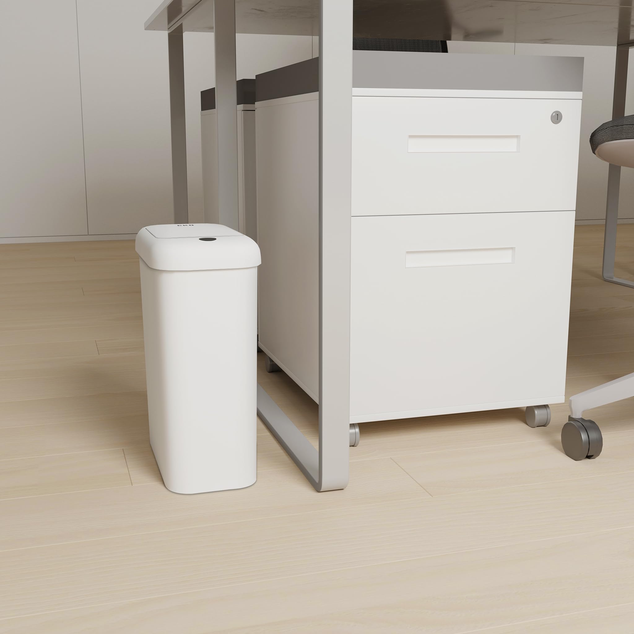 EKO Automatischer Badezimmer-Mülleimer mit Deckel, 10L Schlanker Sensor Abfalleimer, Wasserdichter Bewegungssensor-Kosmetikeimer für Bad, Büro und Küche, Soft Close, Weiß, Hochwertiger Kunststoff