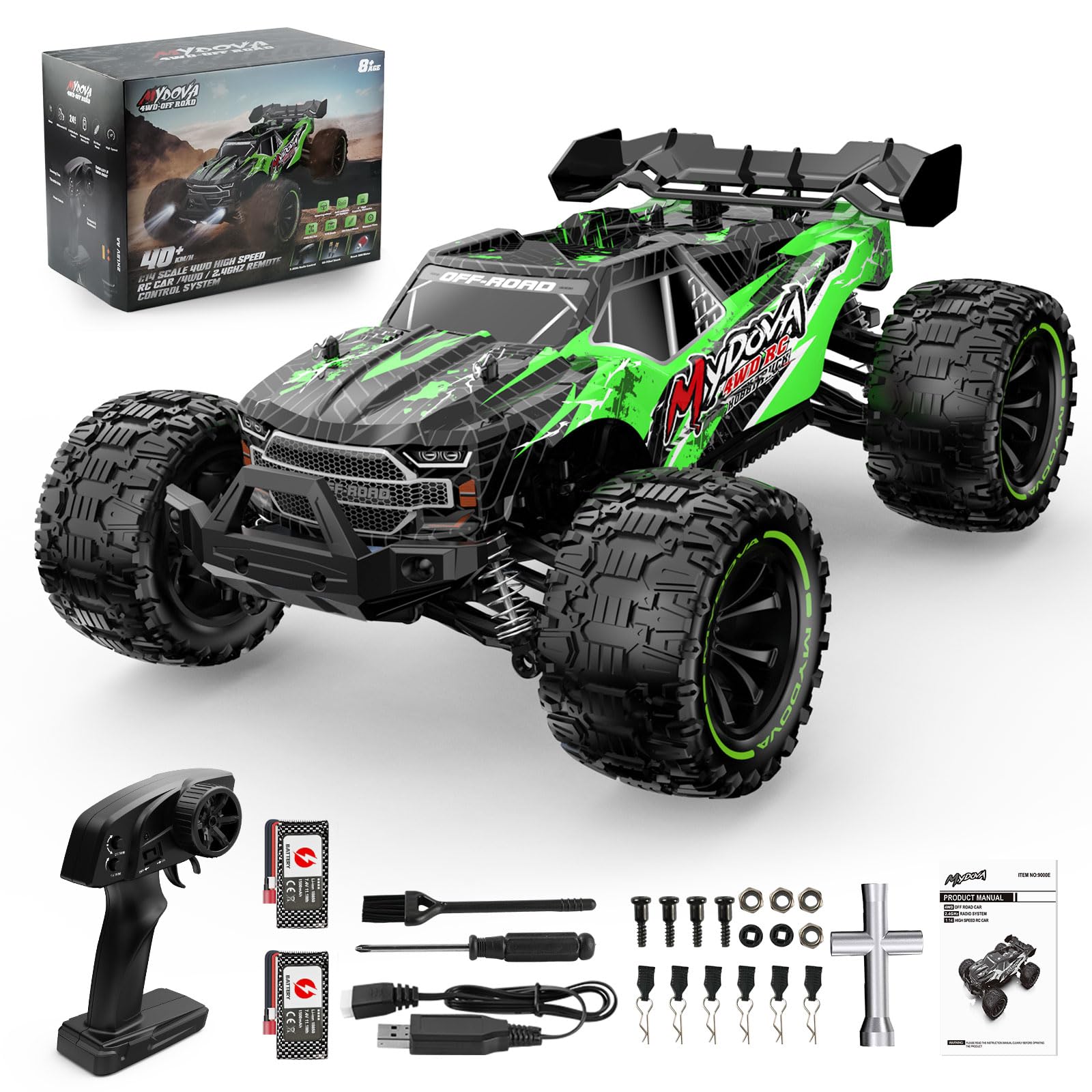 MYDOVA 1:14 40 KM/H High Speed Remote Control Cars, 2.4GHz 4WD Waterproof Off-Road Monster Truck with 2 Rechargeable Batteries, ALL Terrain Buggy Vehicle Car Toy Gifts for Boys, Birthday Xmas Gift