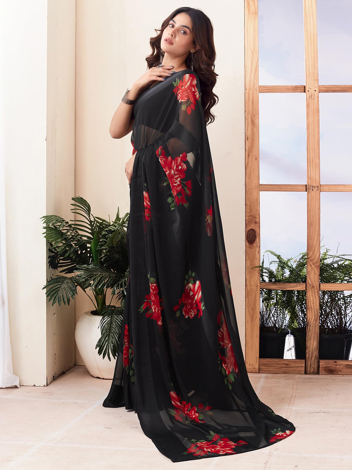 Satrani Women's Georgette Floral Printed Satin Stripe Saree With Unstitched Blouse Piece (3881S128N_Black3)