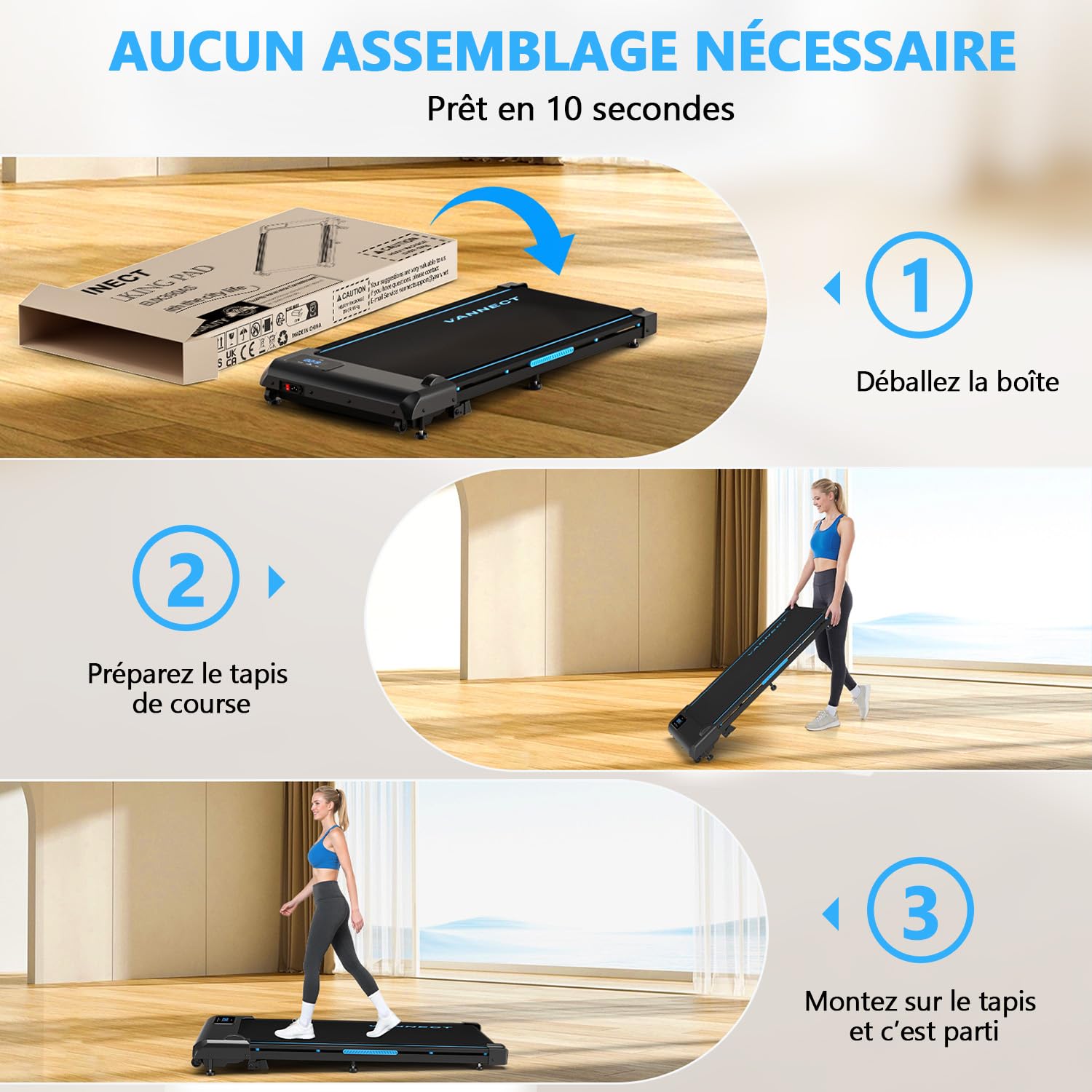 Tapis de Marche, VANNECT Tapis de Course Amélioré 4 en 1 Pliable avec Pente 9% réglable, 1-10 km/h Walking Pad avec Écran LED, Télécommande, Silencieux Moteur 2.75HP, sans Montage, Capacité 150 kg