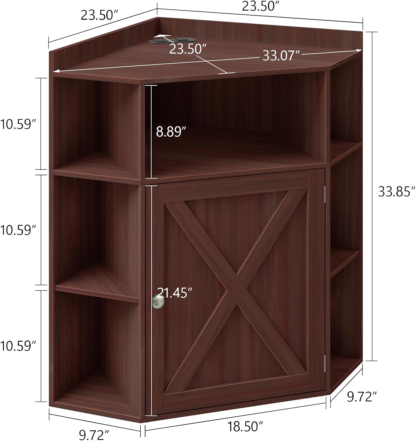 Corner Cabinet, Corner Storage Shelf with USB Ports and Outlets Industrial Organizer for Small Space Wooden 6-Cubby Bookshelf for Study, Playroom, Living Room (Dark Brown)