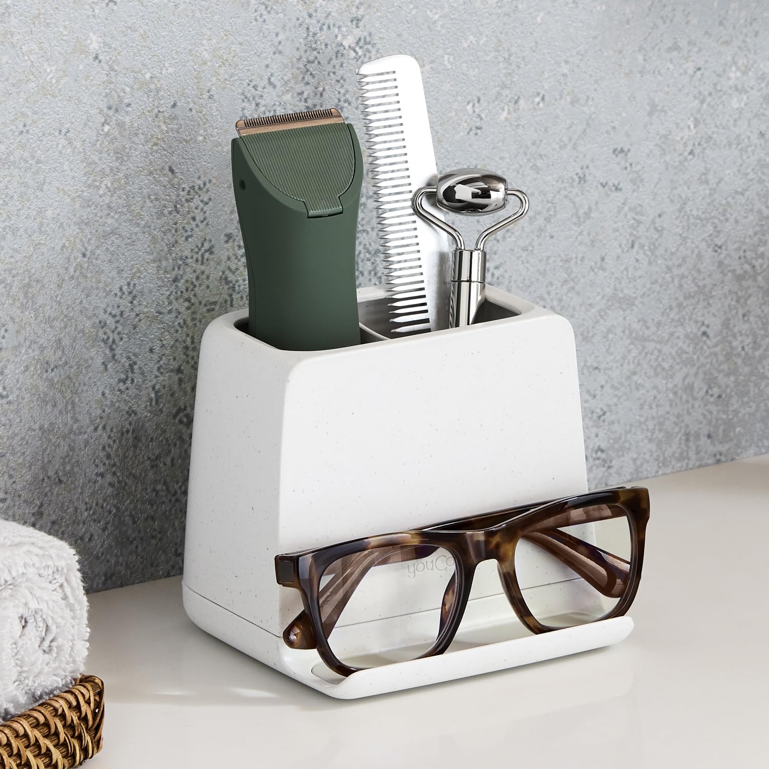 YouCopia The Ledge Toothbrush Holder, 2-Slot, Bathroom Vanity Counter Organizer with Cord Slots, Removable Base and Storage for Phones, Toothpaste and Accessories