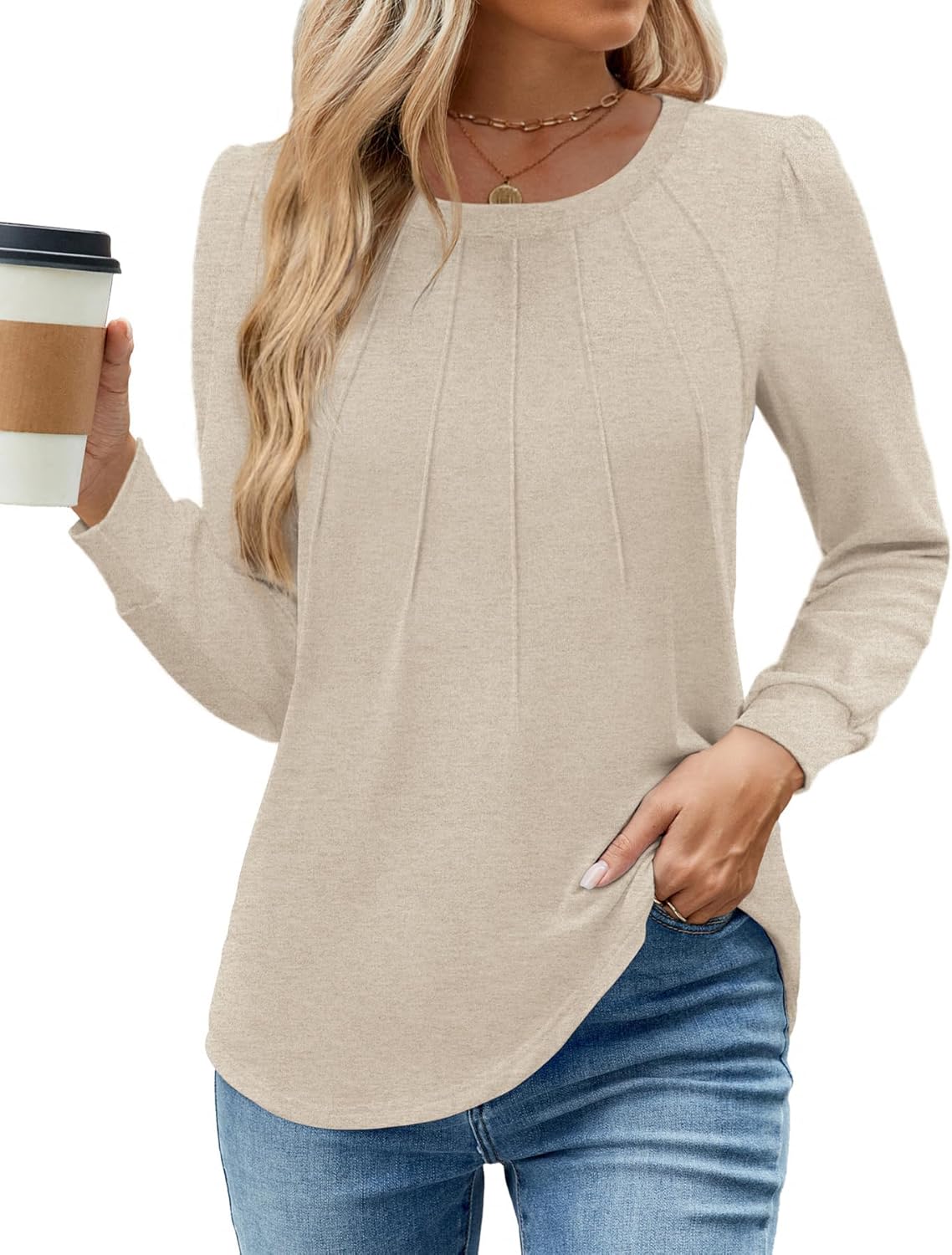 WEACZZY Women’s Long Puff Sleeve Tops Dressy Casual Crew Neck Pleated Cute Blouses Shirts Tunic Fall Fashion Outfits 2024