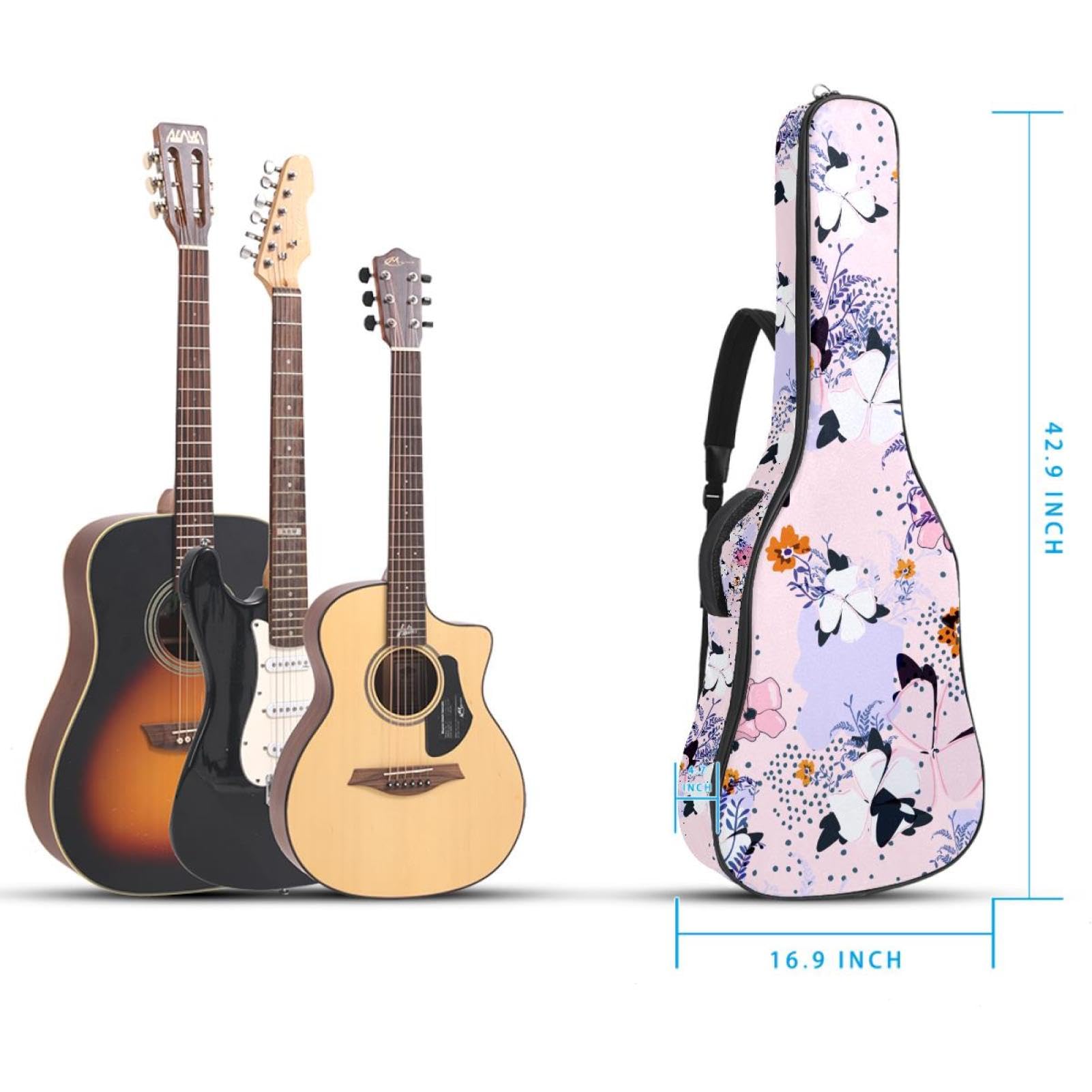 Torba na gitarę akustyczną Wodoodporny plecak na gitary Grube miękkie wyściełane kwiaty i motyle Klasyczna obudowa na gitarę, wielobarwny, 42.9x16.9x4.7 in, Organizer do torby