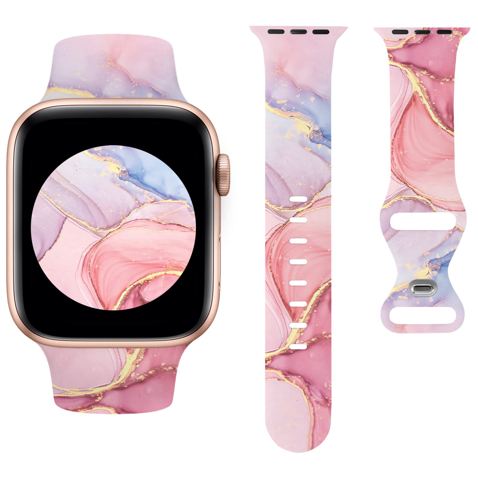Sport Bands Compatible with Apple Watch Band 38mm 40mm 41mm 42mm Women, Rose Gold Pink Marble Design Watch Band Cute Silicone Wristband Replacement for iWatch Series 10 9 8 7 SE 6 5 4 3 2 1