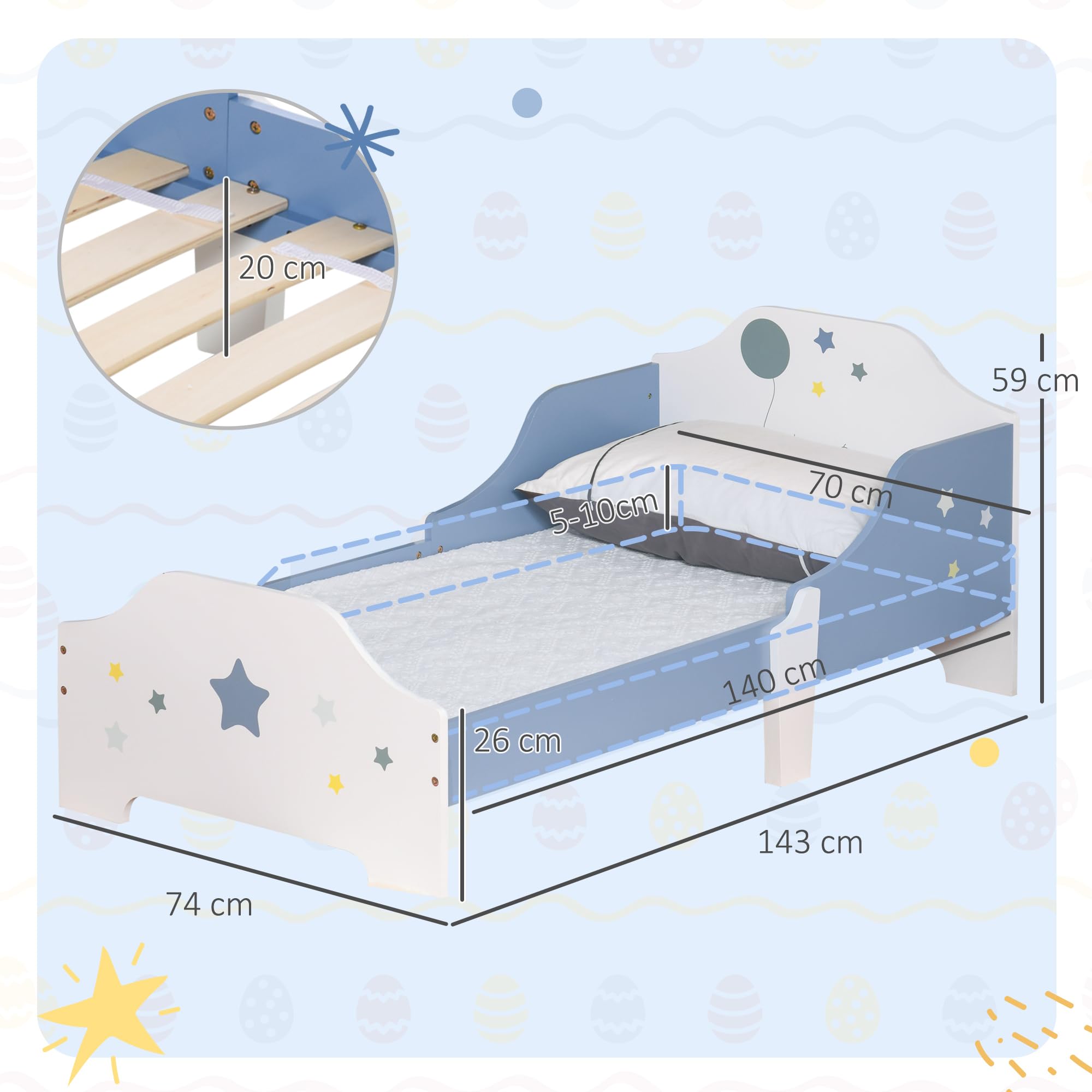 HOMCOM Cama para Niños de +3 Años 143x74x59 cm Cama Infantil de Madera con Estampado con Estrellas Carga 50 kg para Dormitorio Azul y Blanco