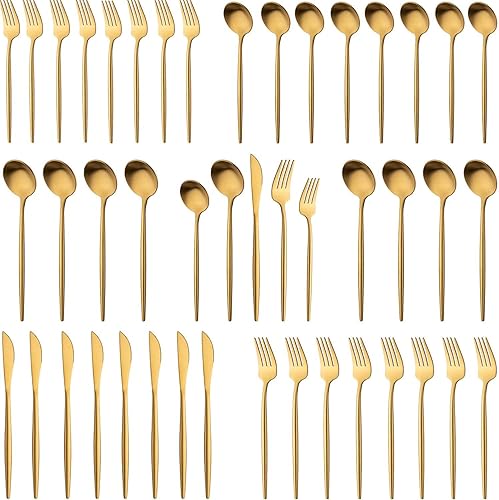 Juego de 40 cubiertos de acero inoxidable mate dorado para 8 utensilios de cocina, juego de cubiertos incluye cuchillos, tenedores y cucharas para
