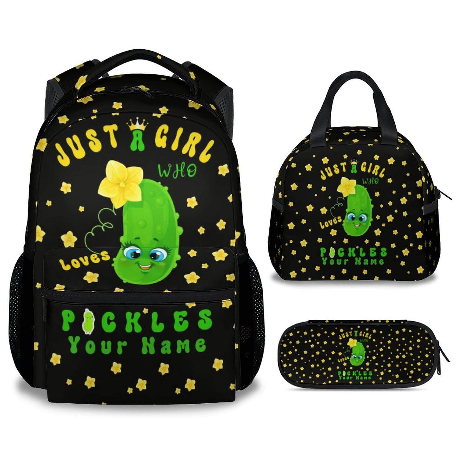 XaocNyx Personalized Pickle Backpack with Lunch Box and Pencil Case Set, 3 in 1 Matching Girls Black Backpacks Combo, Cute Bookbag and Pencil Case