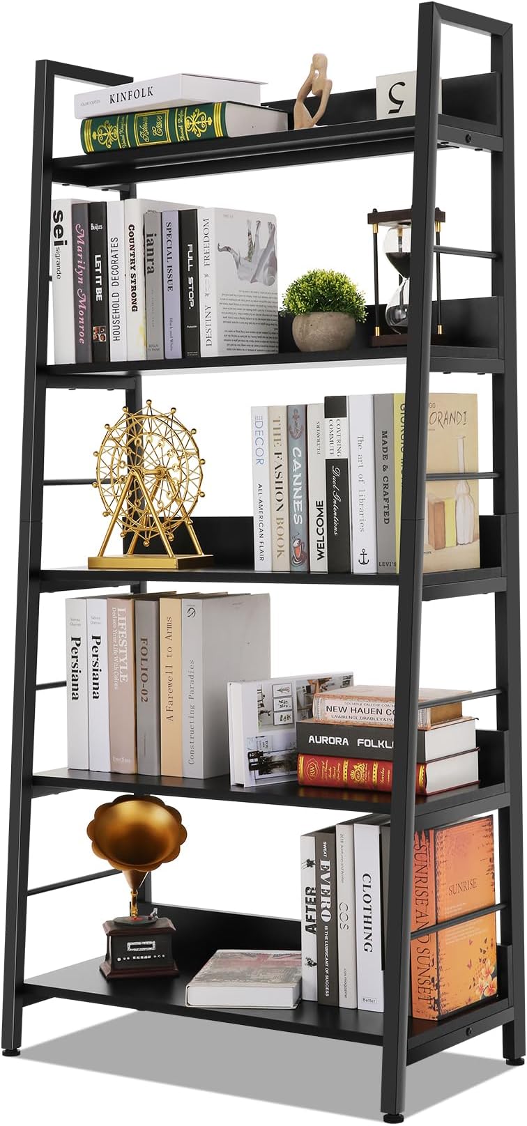 Himimi Black Ladder Bookshelf, 5 Shelf Bookcase Industrial Bookshelf Wood and Metal Bookshelves, Plant Flower Stand Rack Book Storage Shelves for Living Room, Bedroom, Home Office