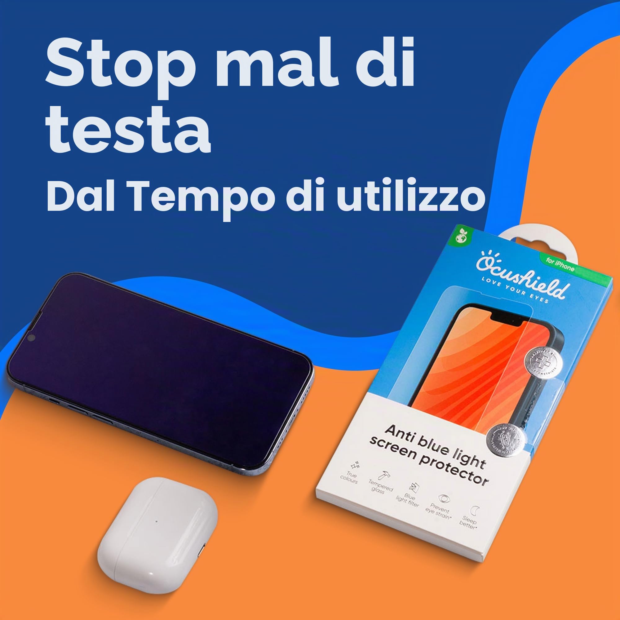 Ocushield Pellicola proteggi schermo in vetro temperato anti luce blu per iPhone 11 Pro/X/XS - dispositivo medico accreditato - protegge gli occhi e migliora il sonno