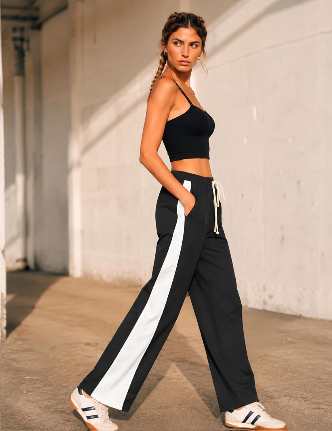 Womens Parachute Pants Color Block Wide Leg Baggy Trousers Y2K Elastic Waist Jogger Sweatpants Track Pants