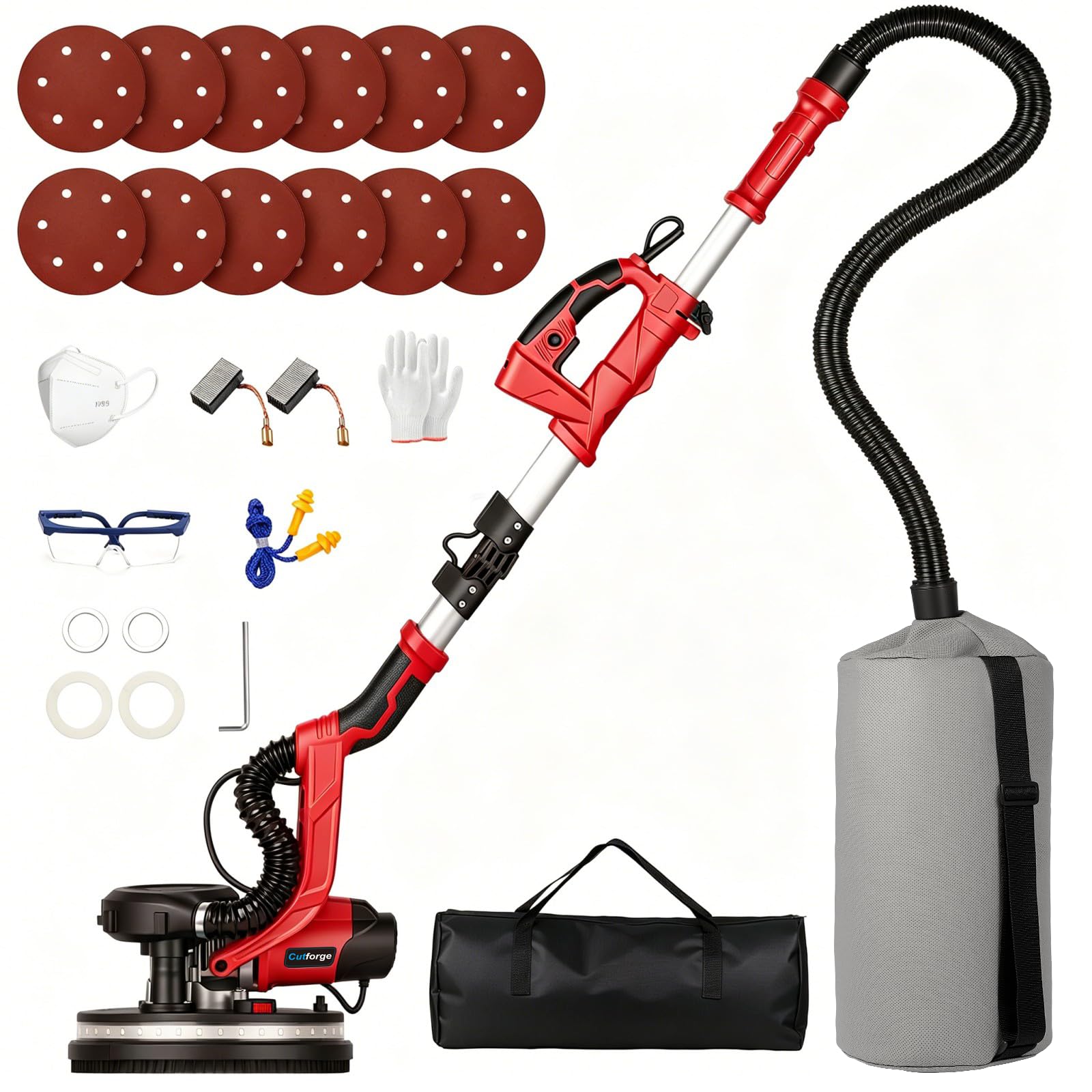 Cutforge Drywall Sander - 1050W Wall Sander with Vacuum Auto Dust Collection LED Light 7 Speeds Foldable Extendable Electric Drywall Sander for Walls Popcorn Ceiling, 12 Pcs Sanding Discs,Red