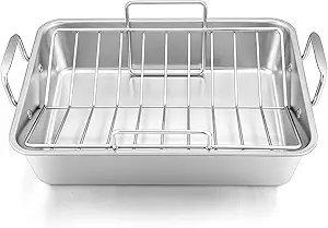 Leonyo Large Turkey Roasting Pan with V-shaped Rack, Rectangular 16 x 11.5 Inch Stainless Steel Turkey Roaster Pan with Rack Heavy Duty for Chicken Lasagna Vegetables Brownie, Dishwasher Safe, 2Pcs