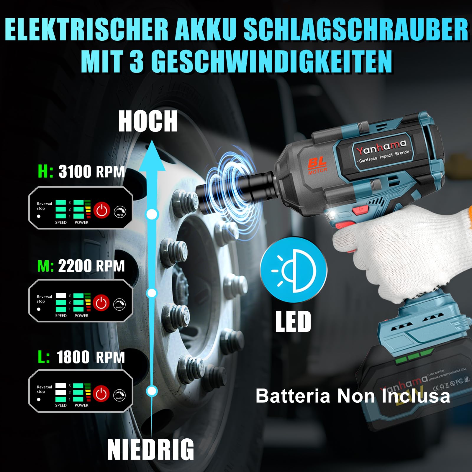 Yanhama Avvitatore A Impulsi 1400 Nm, Batteria 2 * 4500mAh, Kit Avvitatore A Percussione Senza Spazzole 21V Da 1/2 Pollici, 6 Prese, Per I Dadi Delle Ruote Dell'auto, Motocicletta, Camion