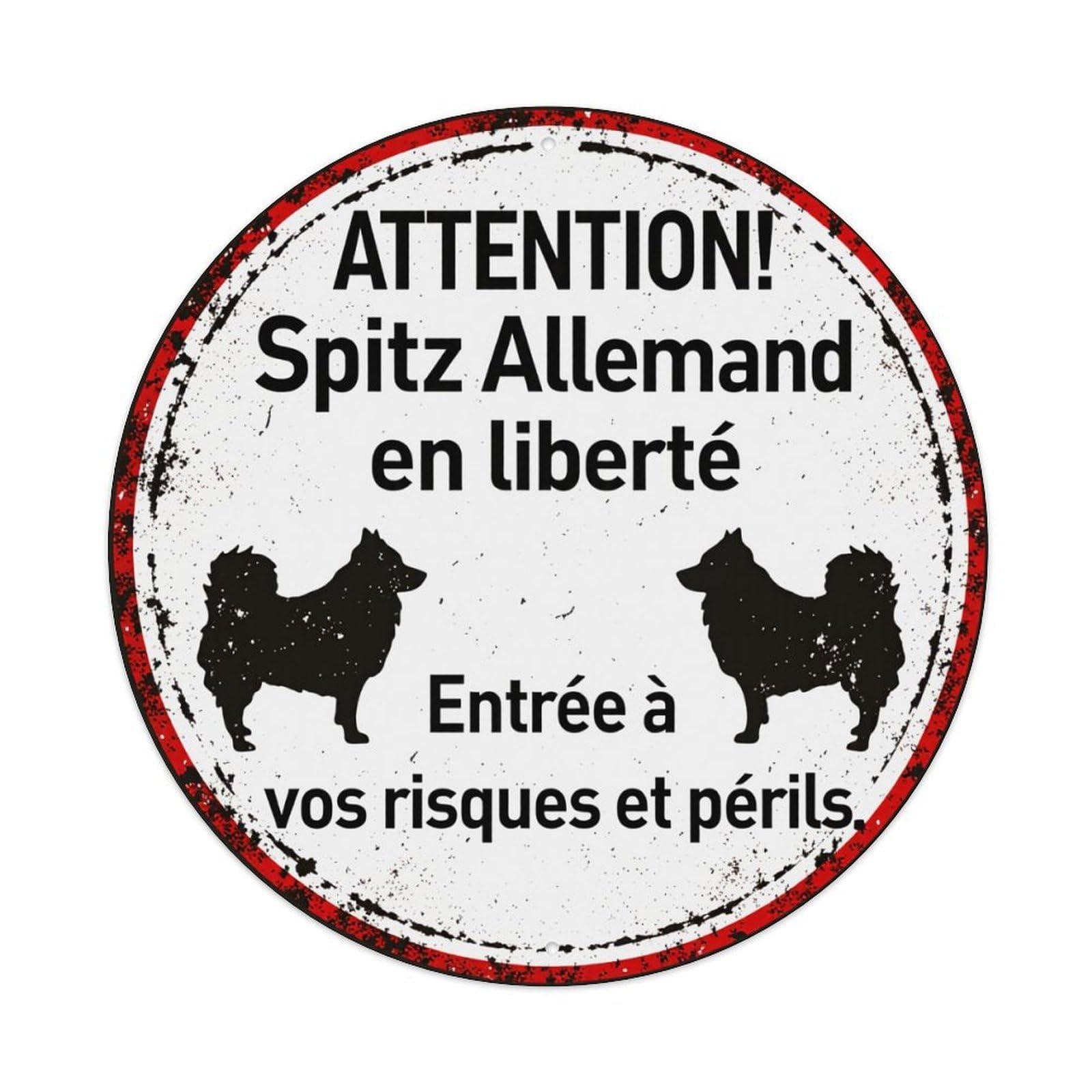 Attention German Spitz On The Loose Enter At Your Own Risk Round Tin Sign Vintage Metal Poster, Home Bar Garage Man Cave Cafe Indoor & Outdoor Wall Decoration 8x8Inches