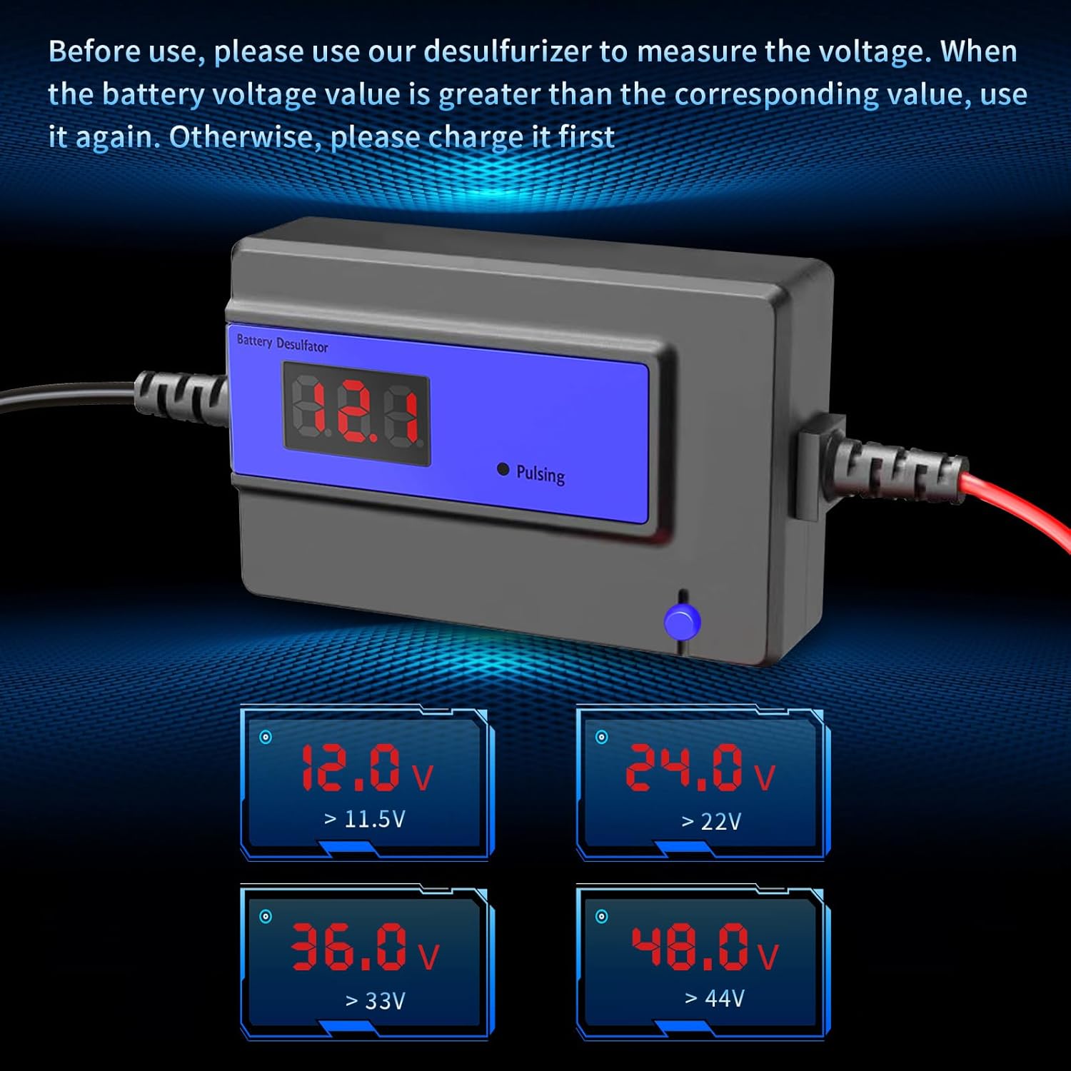 Beyprern Battery Desulfator connected to a battery, with voltage thresholds for 12V, 24V, 36V, and 48V batteries