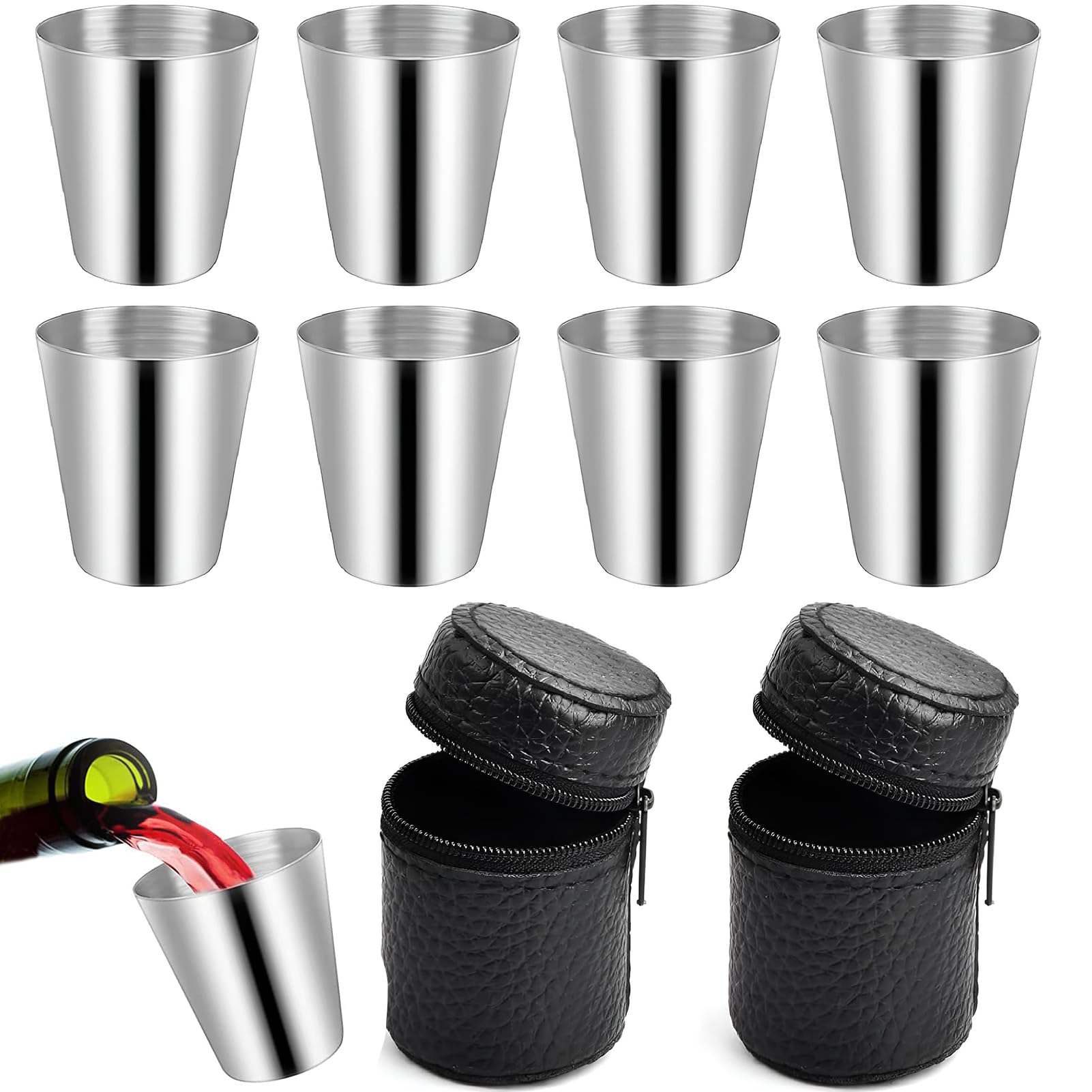 8 Stück Edelstahlbecher,30ml Stapelbare Schnapsbecher,Klein Edelstahl Becher,Schnapsbecher Edelstahl,Tragbar Metallbecher Stapelbare mit 2 Lederetui mit Reißverschluss für Camping,Picknick,Wandern