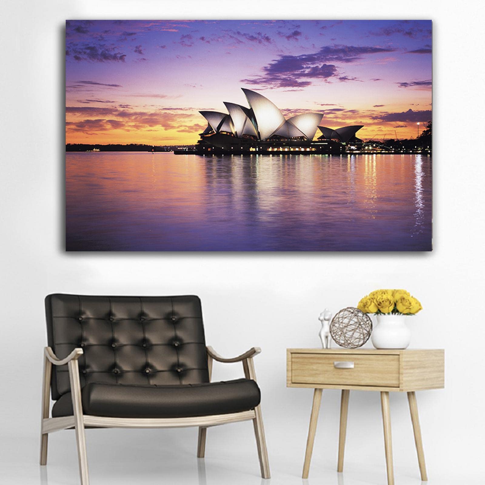 Plakat nocny w Sydney Opera House z rozciągniętymi i oprawionymi nadrukami. Obraz krajobrazowy nadruk na płótnie. Gotowy do powieszenia na płótnie, sztuka ścienna, budynki, obrazy do salonu, dekoracja 30 x 45 cm, oprawiony