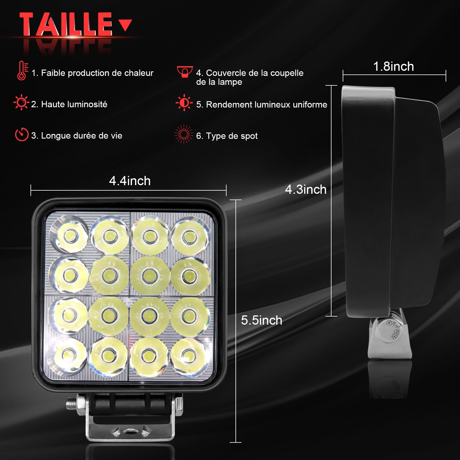 AnTom Phare de Travail LED 12V 24V 126W Carré Anti -interféron Lampe de travail étanche IP68 à haute luminosité für Voiture camions SUV, ATV, Lkw, offroad