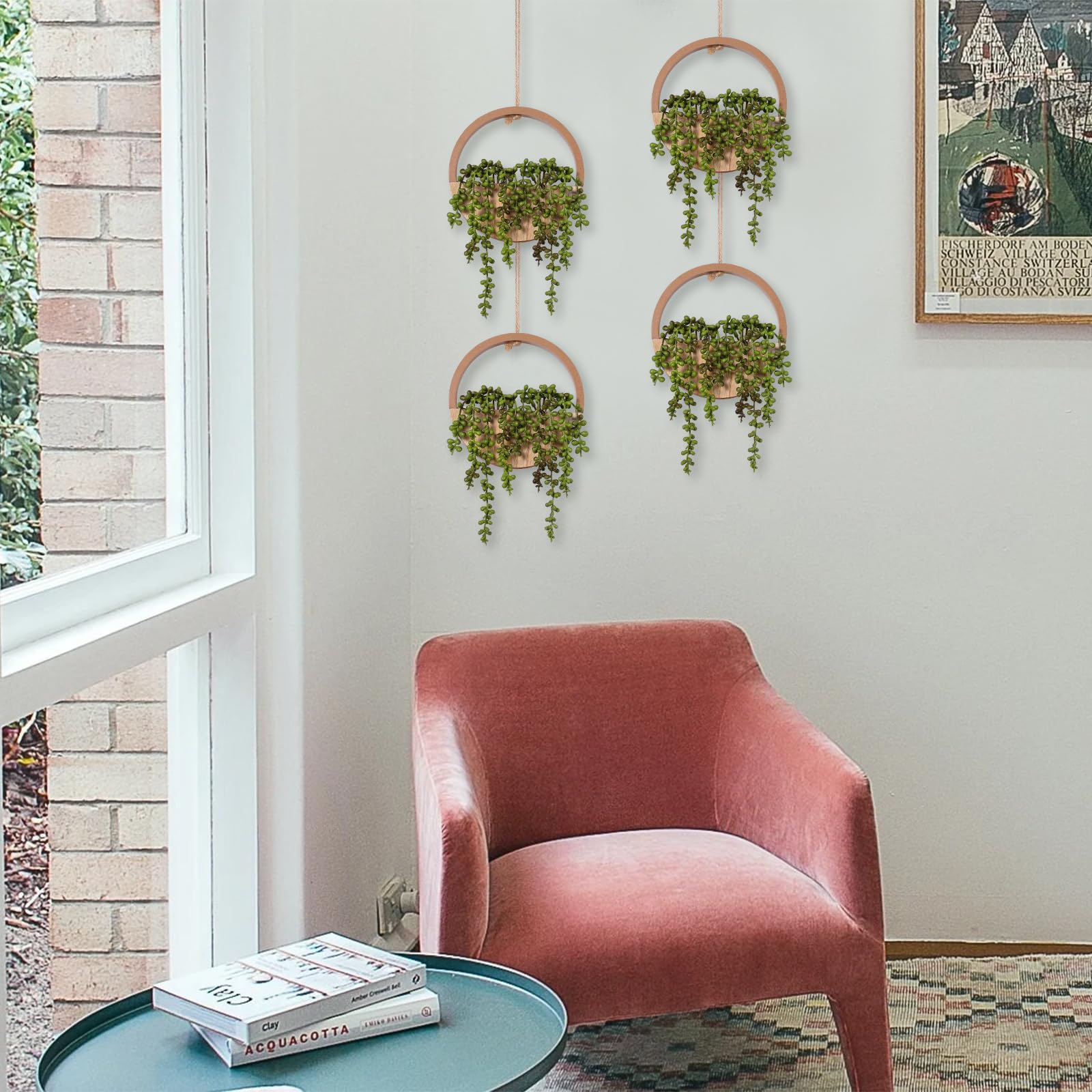 Plante succulente Artificielle à Suspendre - 30,5 cm - dans Un Pot en Bois - Décoration Murale intérieure et extérieure (Bois, 2 pièces)