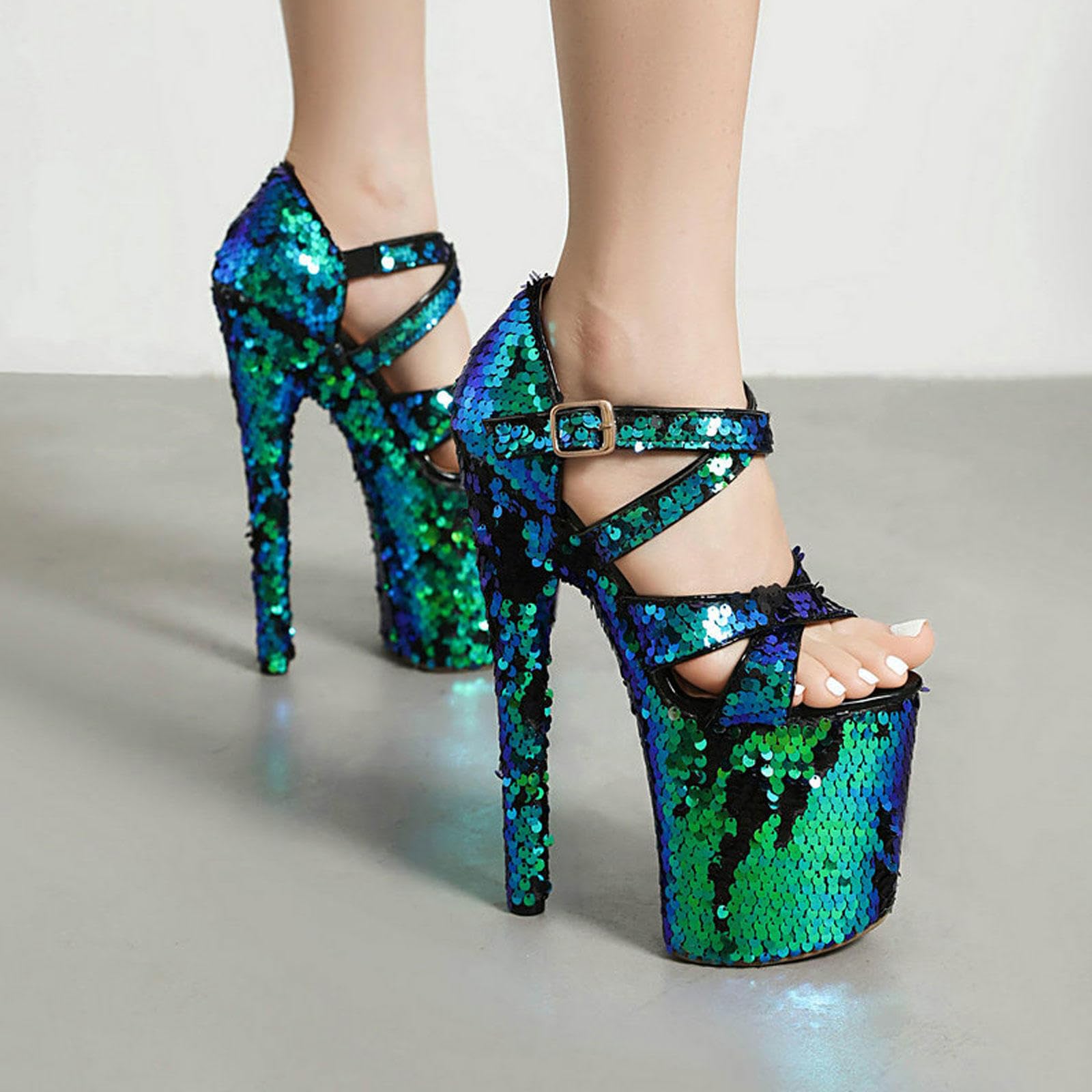 Talons Hauts Femmes Paillettes Plate-Forme Sandales Stiletto Bout Ouvert Sangle croisée Robe de soirée de Mariage Escarpins Chaussures 20cm,Green-38