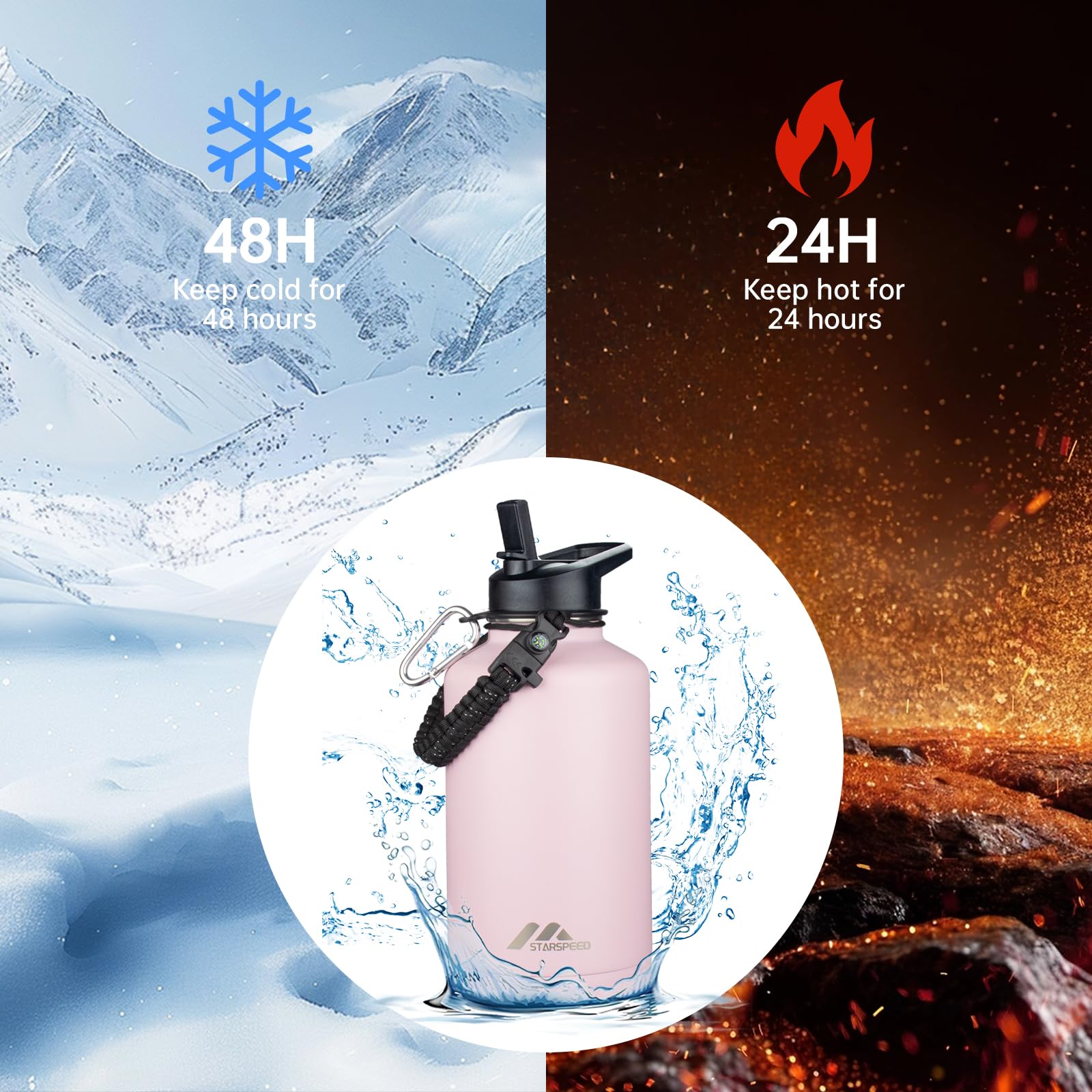 VICKNIY Isolierte Edelstahl-Wasserflasche 1,2 L – Mit 2 Deckeln, Paracord-Griff & Tragetasche | Hält 48 H Kalt, 24 H Heiß