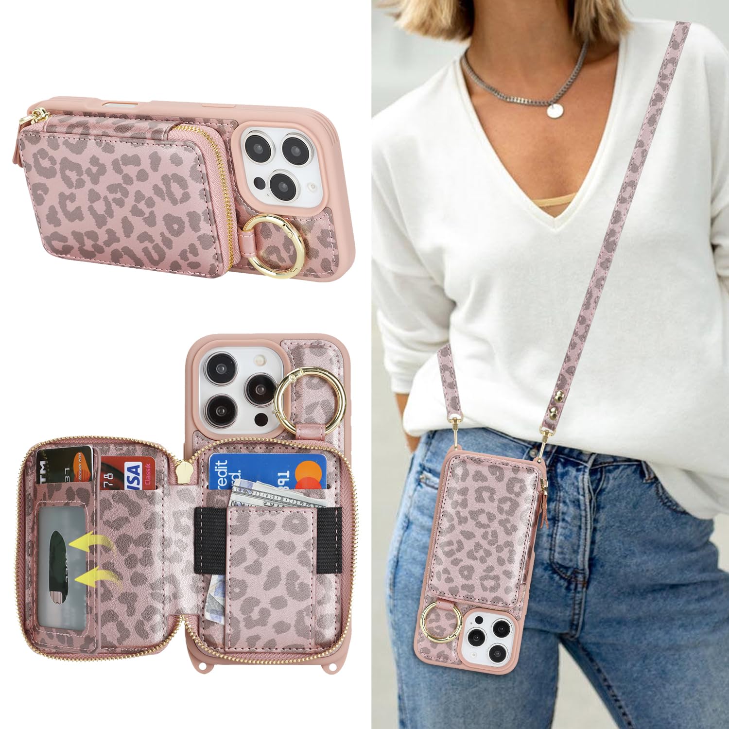 Crossbody Wallet Case for iPhone 16 Pro-Pink Leopard
