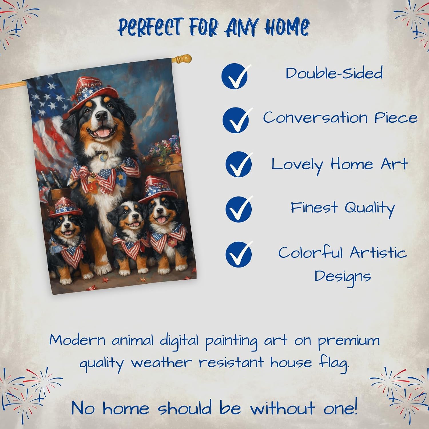 Bernese Mountain Dog 4th of July Outfit Independence Day House Flag – Personalized Double Sided Patriotic Yard Decor with Cute Dogs Outdoor Decoration for Lawn, Garden, Porch or Patio 28"W x 40"H