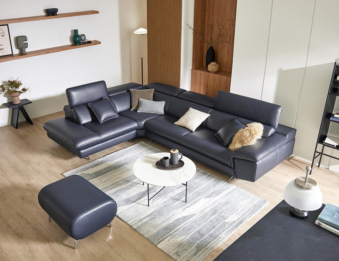 Fabrique Molly L-Shaped Corner 6-Seater Sofa Set with Puffy Diligent Leatherette & Moveable Headrest | Dark Blue | Sturdy Stainless Steel Legs | Modern Furniture for Home & Office-image-43