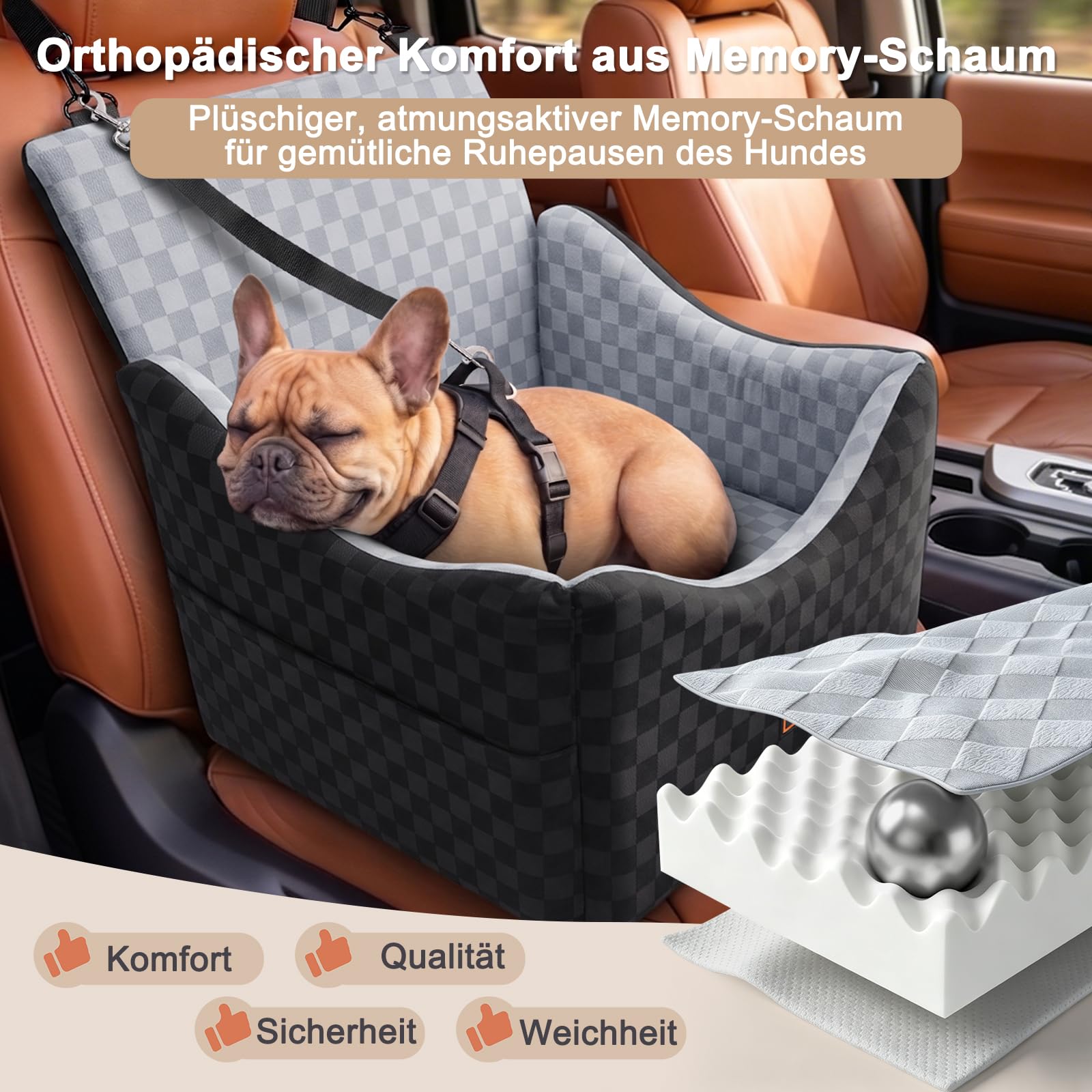 Asiento de coche para perro, extra estable para perros de tamaño pequeño a mediano, acolchado de espuma con memoria de forma, funda lavable, cojín de doble cara, para asiento trasero y asiento