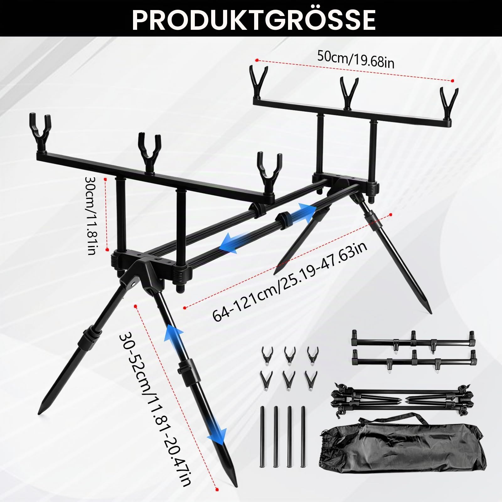 Rutenhalter, 64-121 cm Ausziehbarer 3-Stab-Karpfenangeln Rod Pod Rutenständer mit Tragetasche und 6 Rod Rest Köpfe Höhen- und Längenverstellbar Dreiköpfiger Angelrutenhalter für Karpfenuferangeln