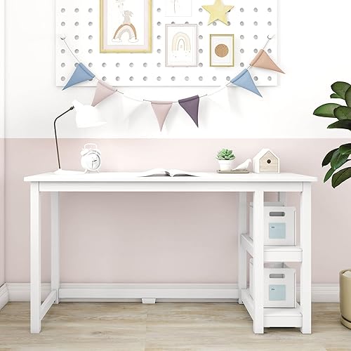 Miniatura 3 de Max & Lily Escritorio de madera maciza con estantes, 55 pulgadas, color blanco