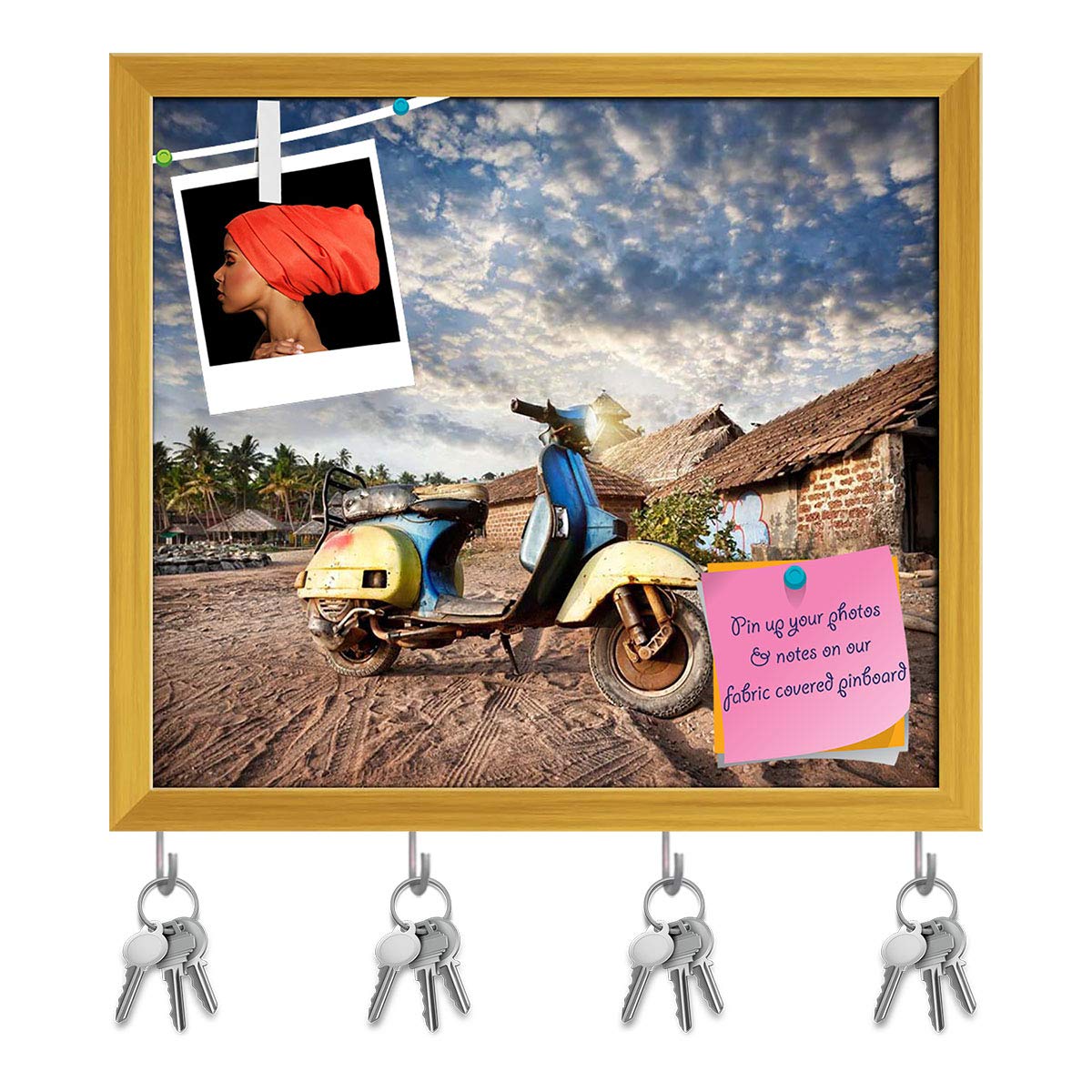 ArtzFolio Old Retro Scooter On The Sandy Beach Key Holder Hooks | Notice Pin Board | Golden Frame 9 X 8Inch
