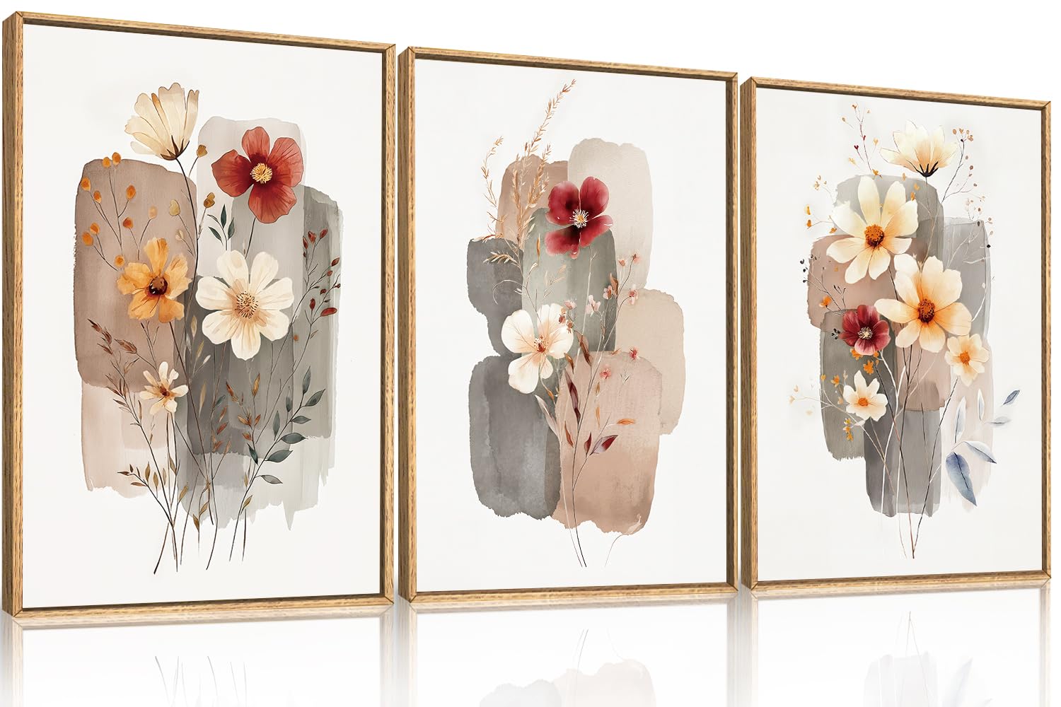 KAIRNE Neutral Boho Wildflower Watercolor Floral Wall Art Set 12x16inch x3