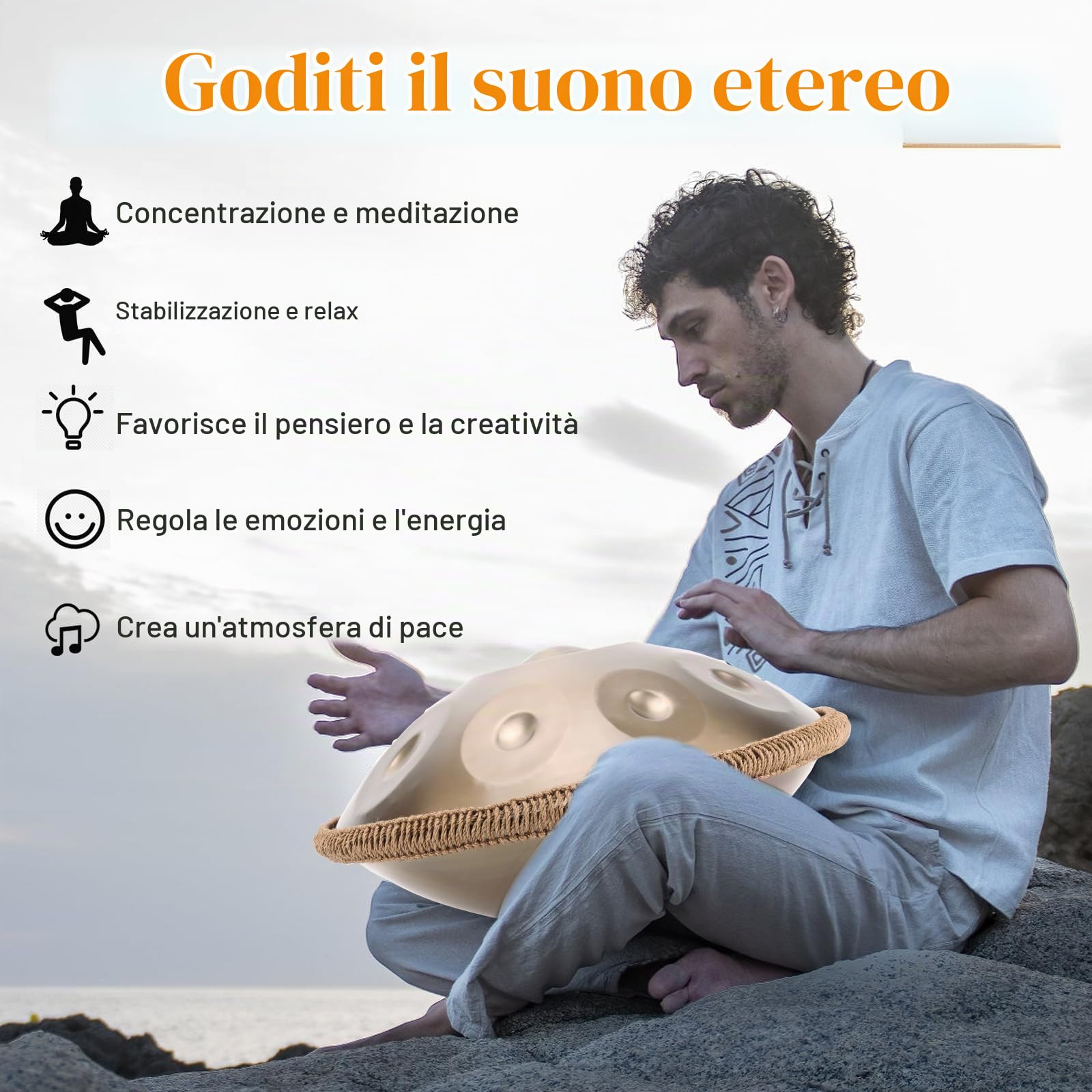 Handpan, 22 Pollici10 Note 440Hz Oro Handpan Strumento Musicale Tongue Drum in Re Minore per Yoga, Meditazione con Bacchette da Borsetta, Supporto per Batteria