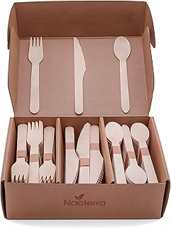 Nacterra Wooden Disposable Cutlery Set 300 Count - Alternative to Plastic Utensils - Compostable Biodegradable Eco-Friendly - 100 Knives 100 Forks 100 Spoons - Great for Any Event or Gatherings